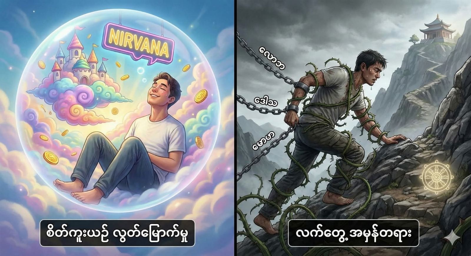 စိတ်ကူးယဉ် လွတ်မြောက်မှုနှင့် လက်တွေ့အမှန်တရား (ဦးမောင်မောင်၏ ဝါဒကို ဓမ္မမျက်လုံးဖြင့် ကြည့်ခြင်း)