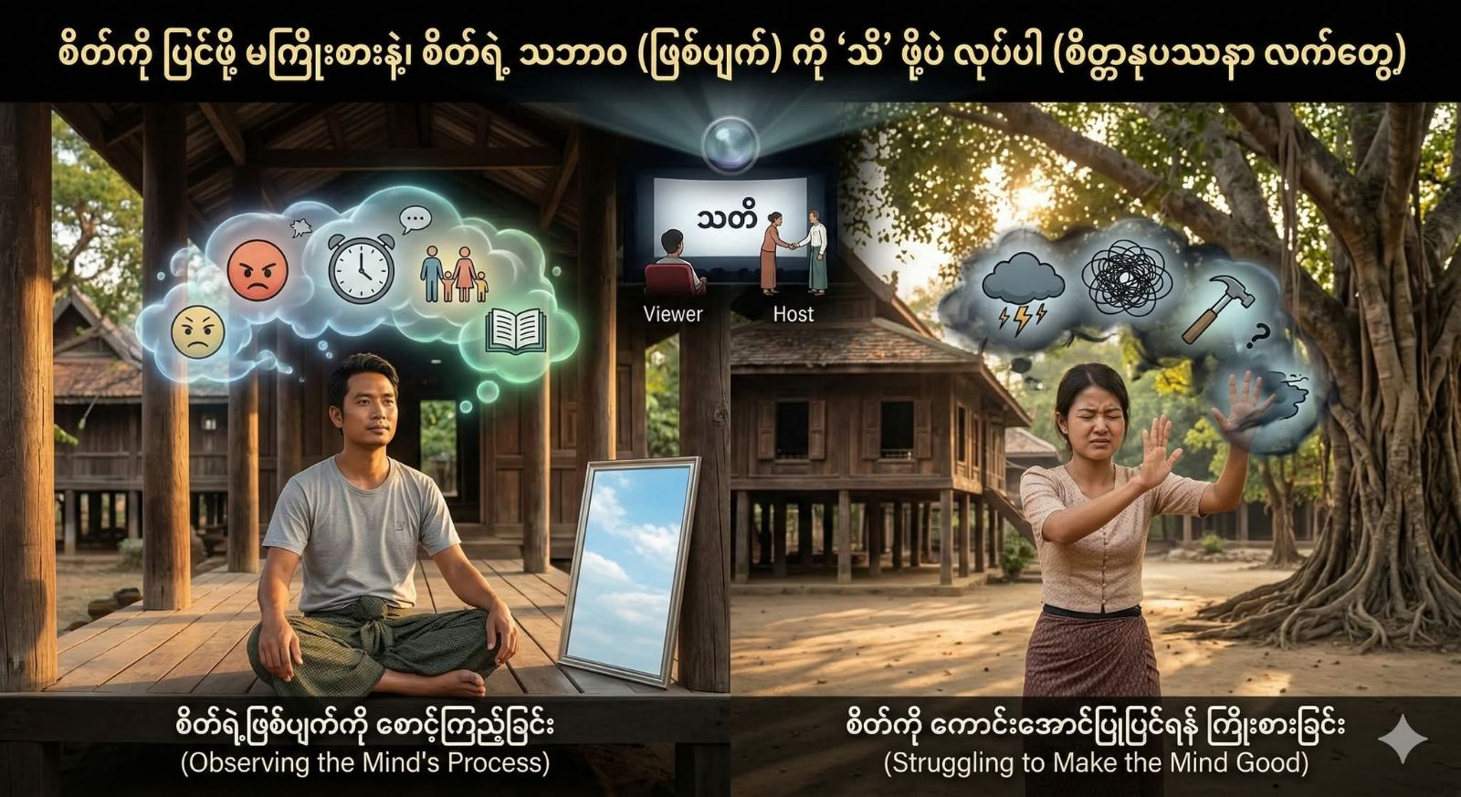 စိတ်ကို ပြင်ဖို့ မကြိုးစားနဲ့၊ စိတ်ရဲ့ သဘာဝ (ဖြစ်ပျက်) ကို ‘သိ’ ဖို့ပဲ လုပ်ပါ (စိတ္တာနုပဿနာ လက်တွေ့)