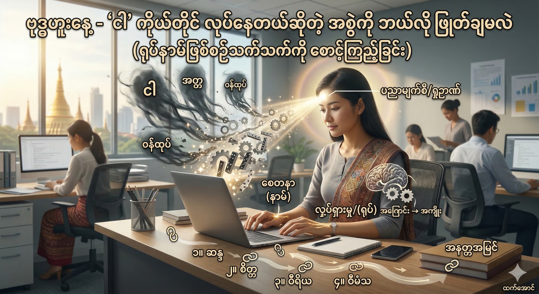 “ငါ” ကိုယ်တိုင် လုပ်နေတယ်ဆိုတဲ့ အစွဲကို ဘယ်လို ဖြုတ်ချမလဲ (ရုပ်နာမ်ဖြစ်စဉ်သက်သက်ကို စောင့်ကြည့်ခြင်း)