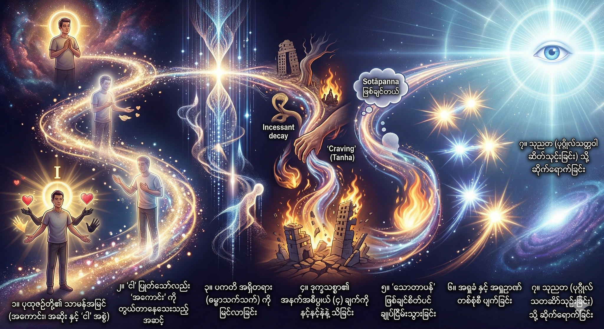 သောတာပတ္တိမဂ်ခရီး ၁ (သို့မဟုတ်) ‘ငါ’ ပျောက်၍ ‘ဓမ္မ’ သက်သက်သာ ကျန်တော့သည့် ဉာဏ်စဉ်အဆင့်ဆင့်