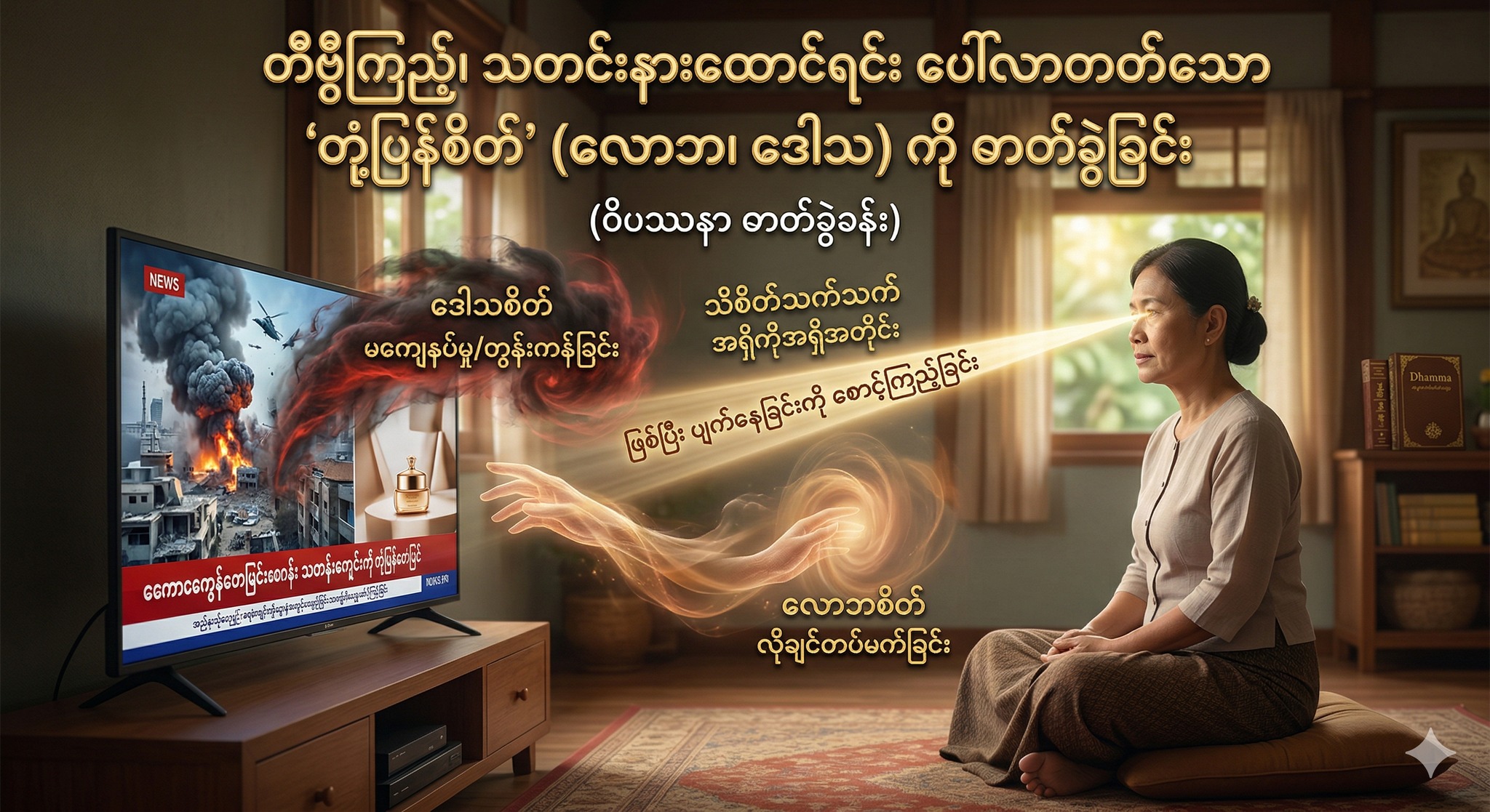 တီဗွီကြည့်၊ သတင်းနားထောင်ရင်း ပေါ်လာတတ်သော “တုံ့ပြန်စိတ်” (လောဘ၊ ဒေါသ) ကို ဓာတ်ခွဲခြင်း
