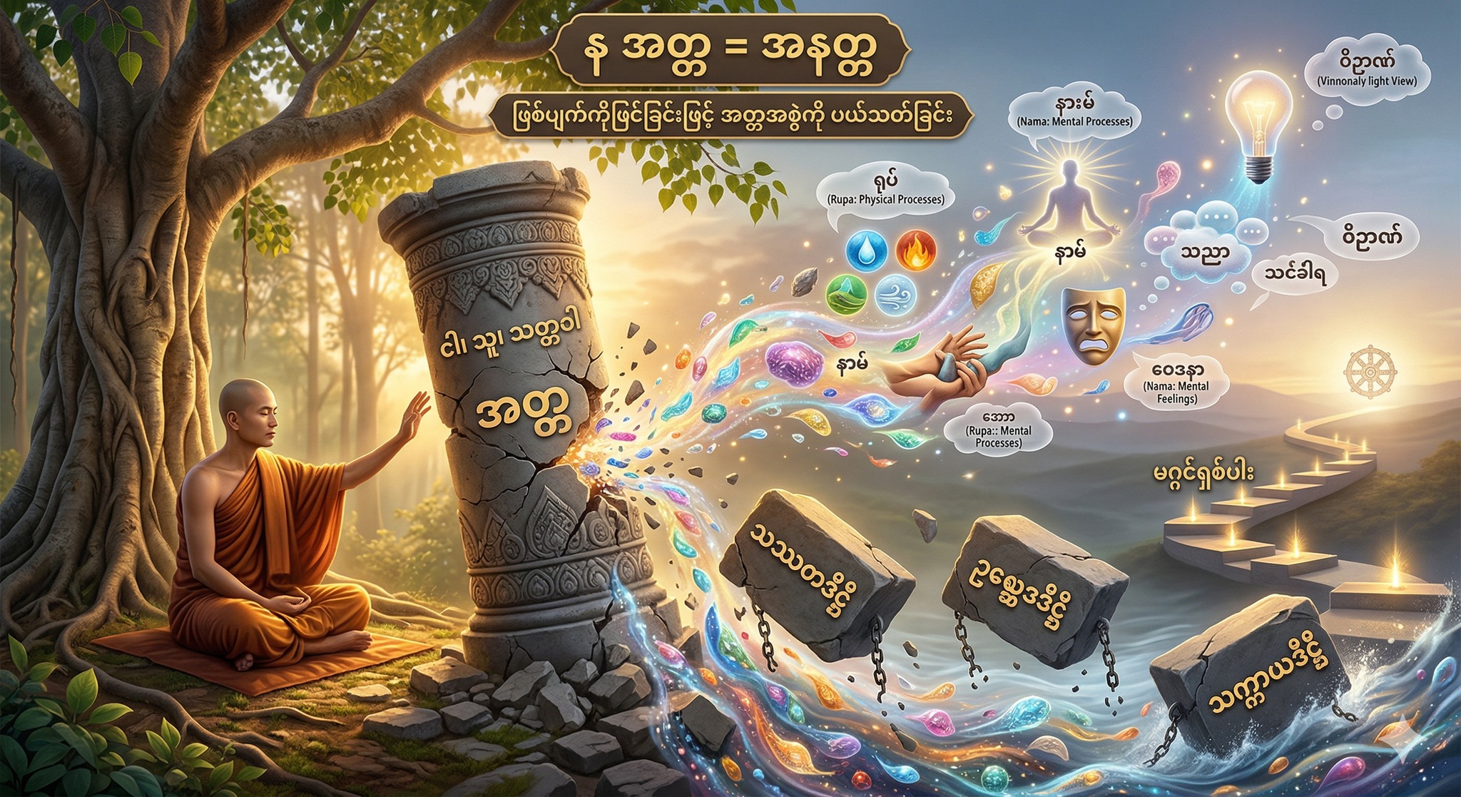 န အတ္တ = အနတ္တ (ကိုယ်ပိုင်ပြဋ္ဌာန်းခွင့်ရှိသော ‘ငါ’ ဟူ၍ မရှိခြင်း)