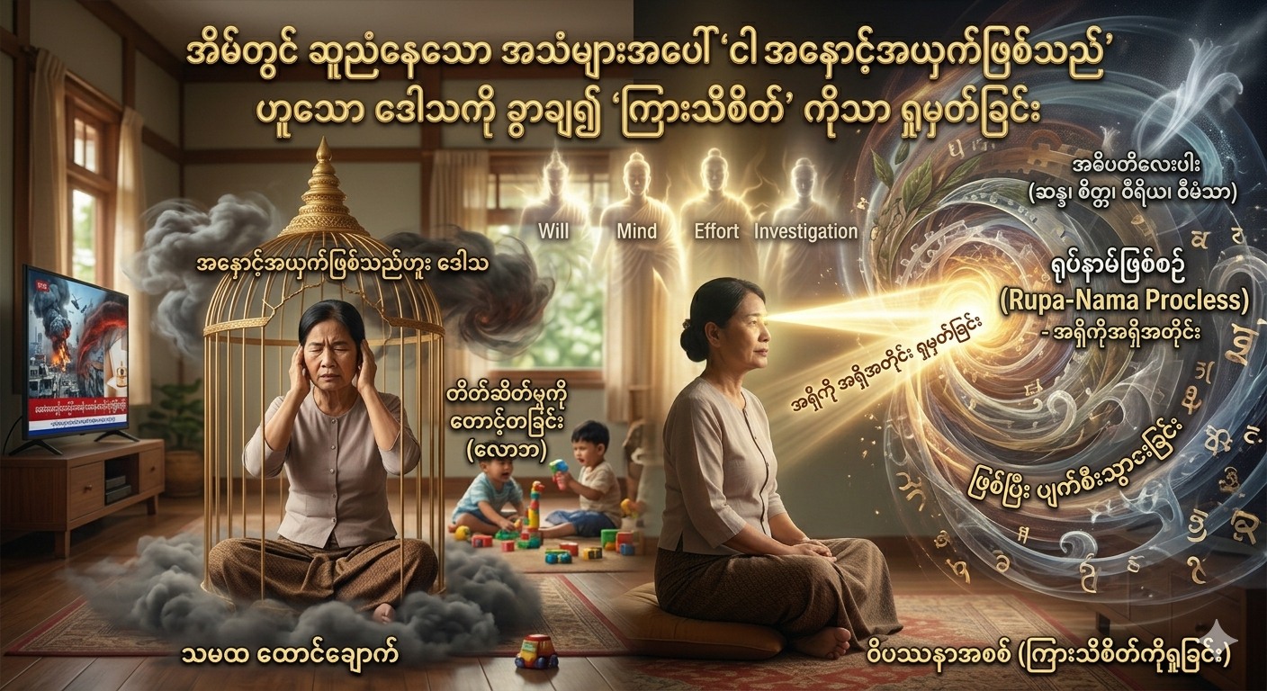 အိမ်တွင် ဆူညံနေသော အသံများအပေါ် “ငါ အနှောင့်အယှက်ဖြစ်သည်” ဟူသော ဒေါသကို ခွာချ၍ “ကြားသိစိတ်” ကိုသာ ရှုမှတ်ခြင်း