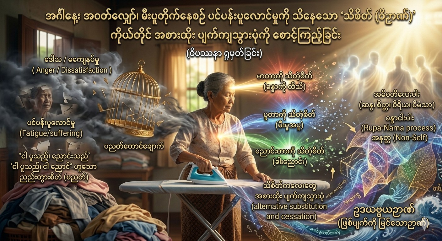 အဝတ်လျှော်၊ မီးပူတိုက်နေစဉ် ပင်ပန်းပူလောင်မှုကို သိနေသော “သိစိတ် (ဝိဉာဏ်)” ကိုယ်တိုင် အစားထိုး ပျက်ကျသွားပုံကို စောင့်ကြည့်ခြင်း