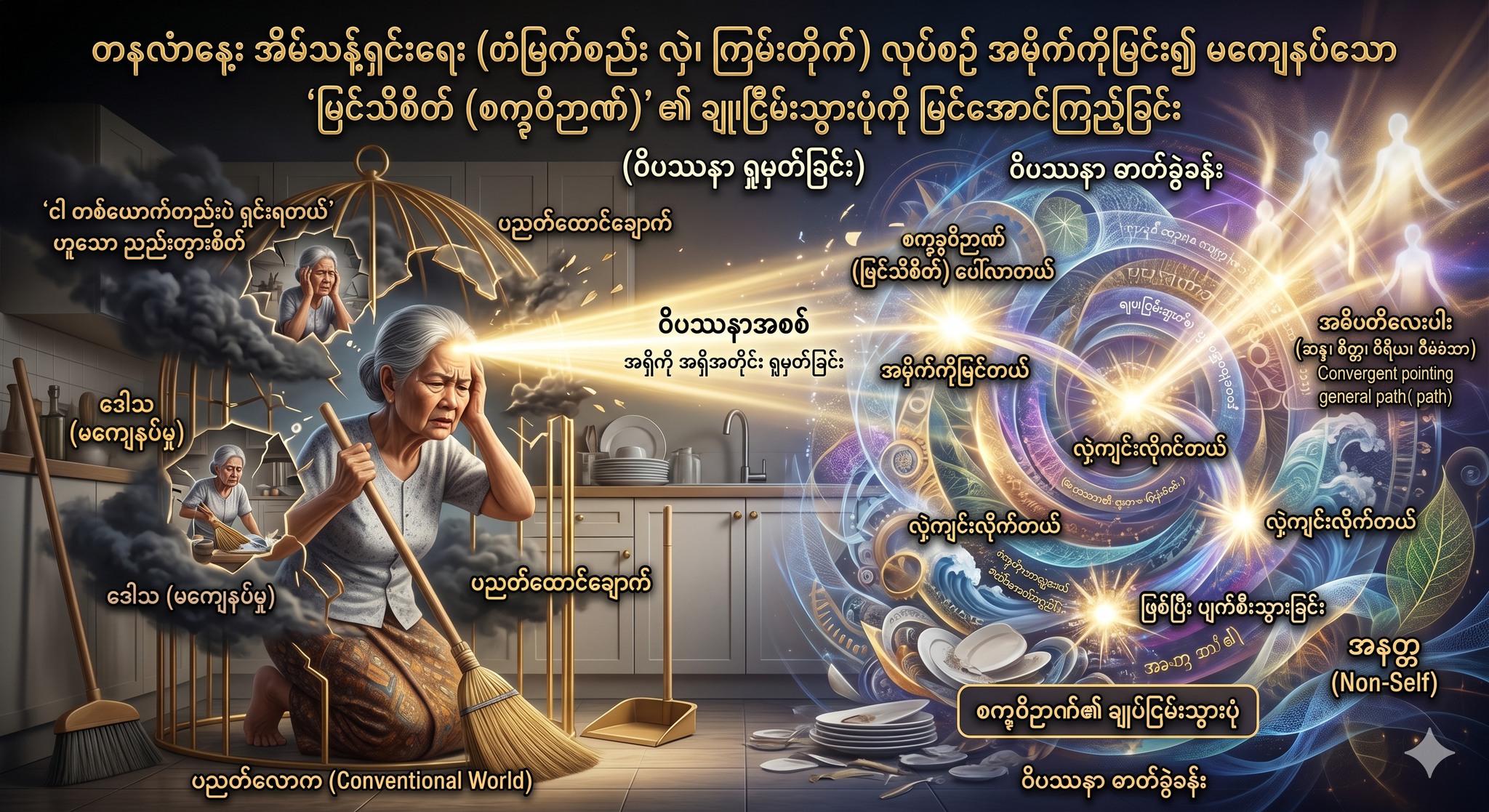 အိမ်သန့်ရှင်းရေး (တံမြက်စည်းလှဲ၊ ကြမ်းတိုက်) လုပ်စဉ် အမှိုက်ကိုမြင်၍ မကျေနပ်သော “မြင်သိစိတ် (စက္ခုဝိဉာဏ်)” ၏ ချုပ်ငြိမ်းသွားပုံကို မြင်အောင်ကြည့်ခြင်း