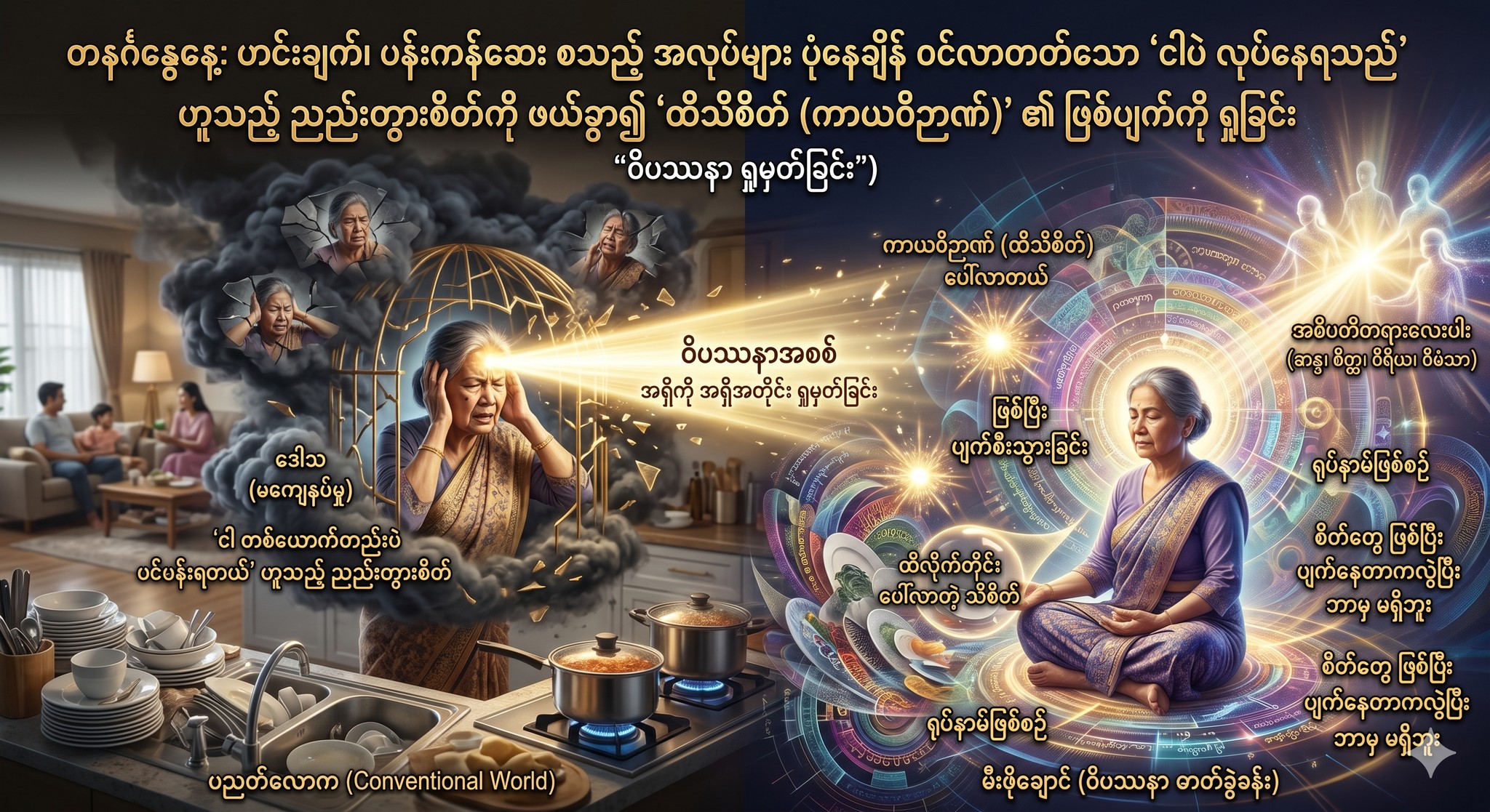 တနင်္ဂနွေနေ့: ဟင်းချက်၊ ပန်းကန်ဆေး စသည့် အလုပ်များ ပုံနေချိန် ဝင်လာတတ်သော “ငါပဲ လုပ်နေရသည်” ဟူသည့် ညည်းတွားစိတ်ကို ဖယ်ခွာ၍ “ထိသိစိတ် (ကာယဝိဉာဏ်)” ၏ ဖြစ်ပျက်ကို ရှုခြင်း