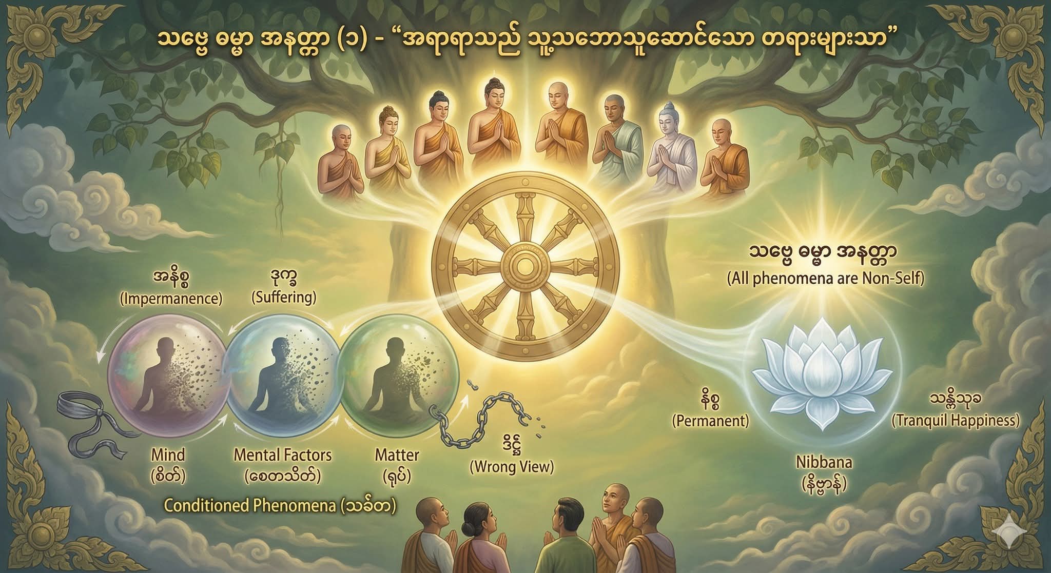 သဗ္ဗေ ဓမ္မာ အနတ္တာ (၁) – “အရာရာသည် သူ့သဘောသူဆောင်သော တရားများသာ”