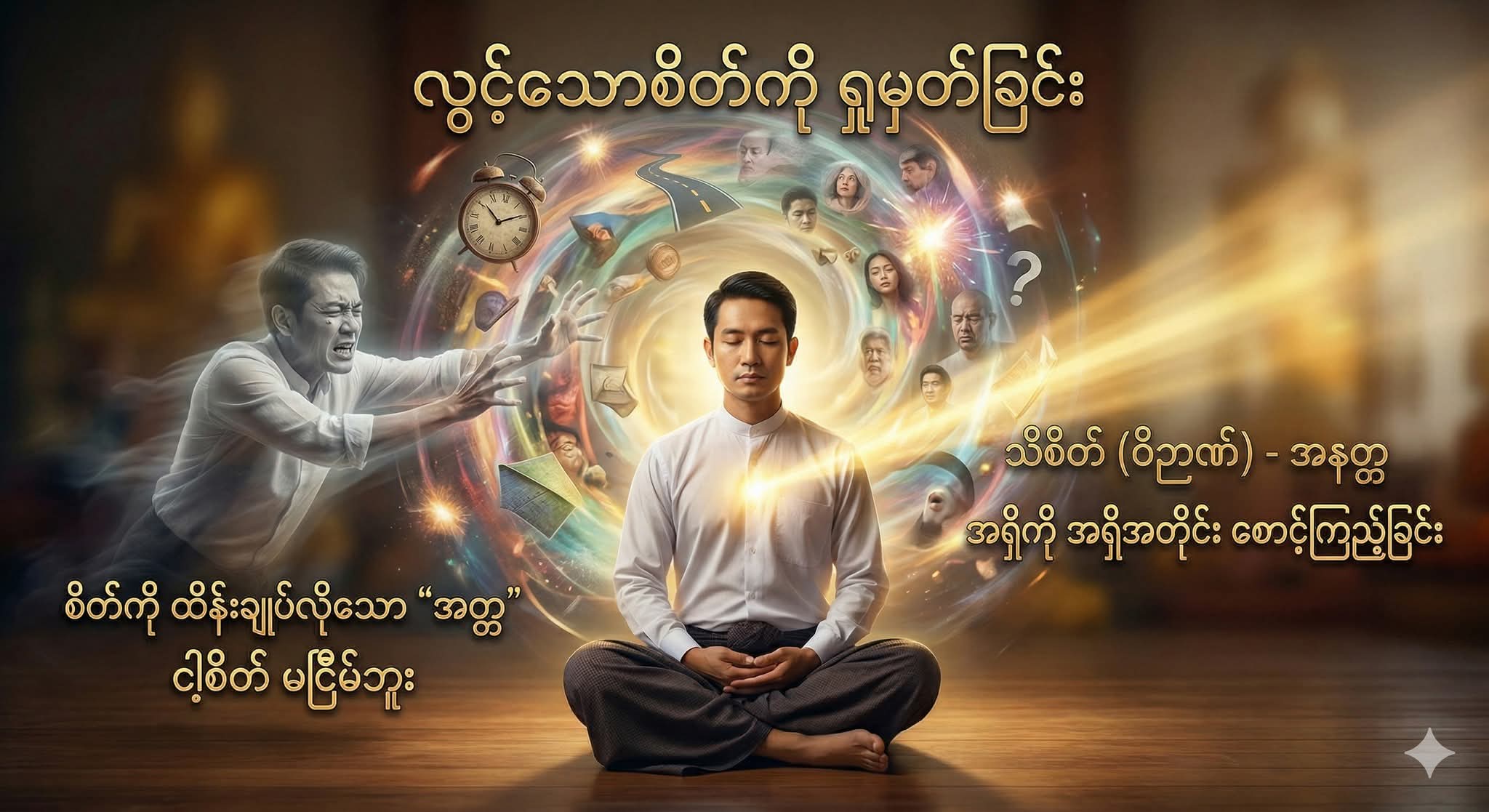 စိတ်ကို ထိန်းချုပ်လိုသော “အတ္တ” ကို စွန့်လွှတ်၍ လွင့်သောစိတ်ကို ရှုမှတ်ခြင်း