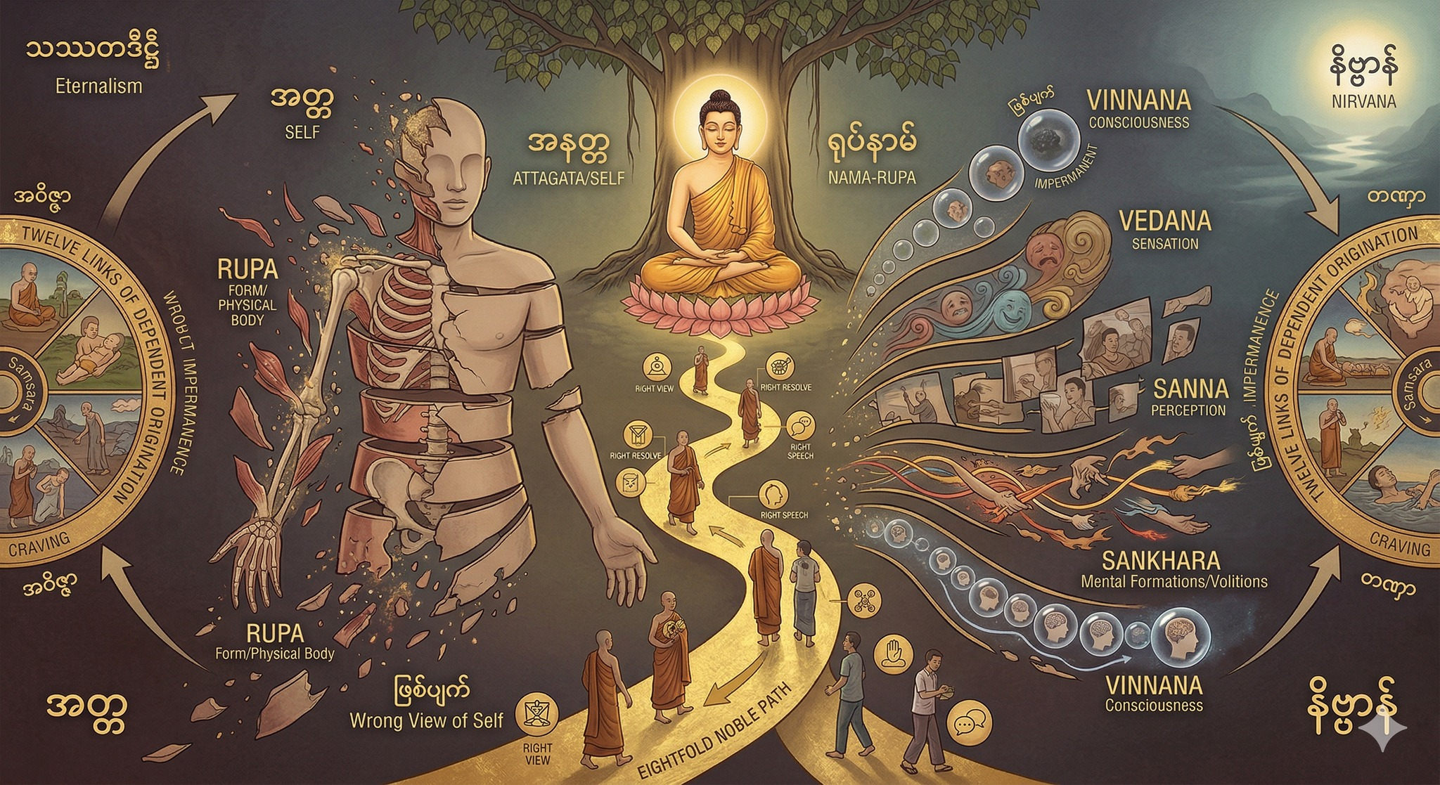 န အတ္တ = အနတ္တ (အတ္တဟူသော အထင်မှားကို ခွာချခြင်း)