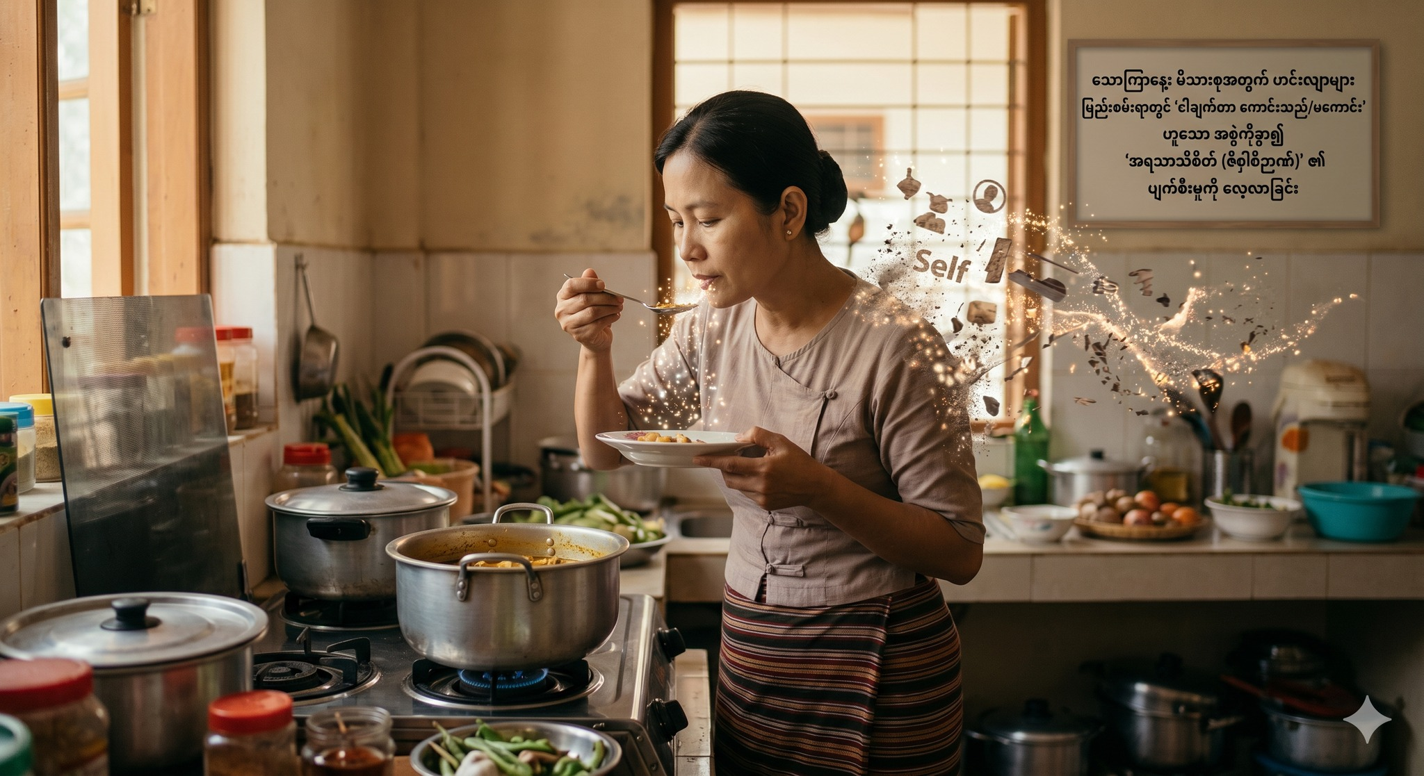 သောကြာနေ့: မိသားစုအတွက် ဟင်းလျာများ မြည်းစမ်းရာတွင် “ငါချက်တာ ကောင်းသည်/မကောင်း” ဟူသော အစွဲကိုခွာ၍ “အရသာသိစိတ် (ဇိဝှါဝိဉာဏ်)” ၏ ပျက်စီးမှုကို လေ့လာခြင်း