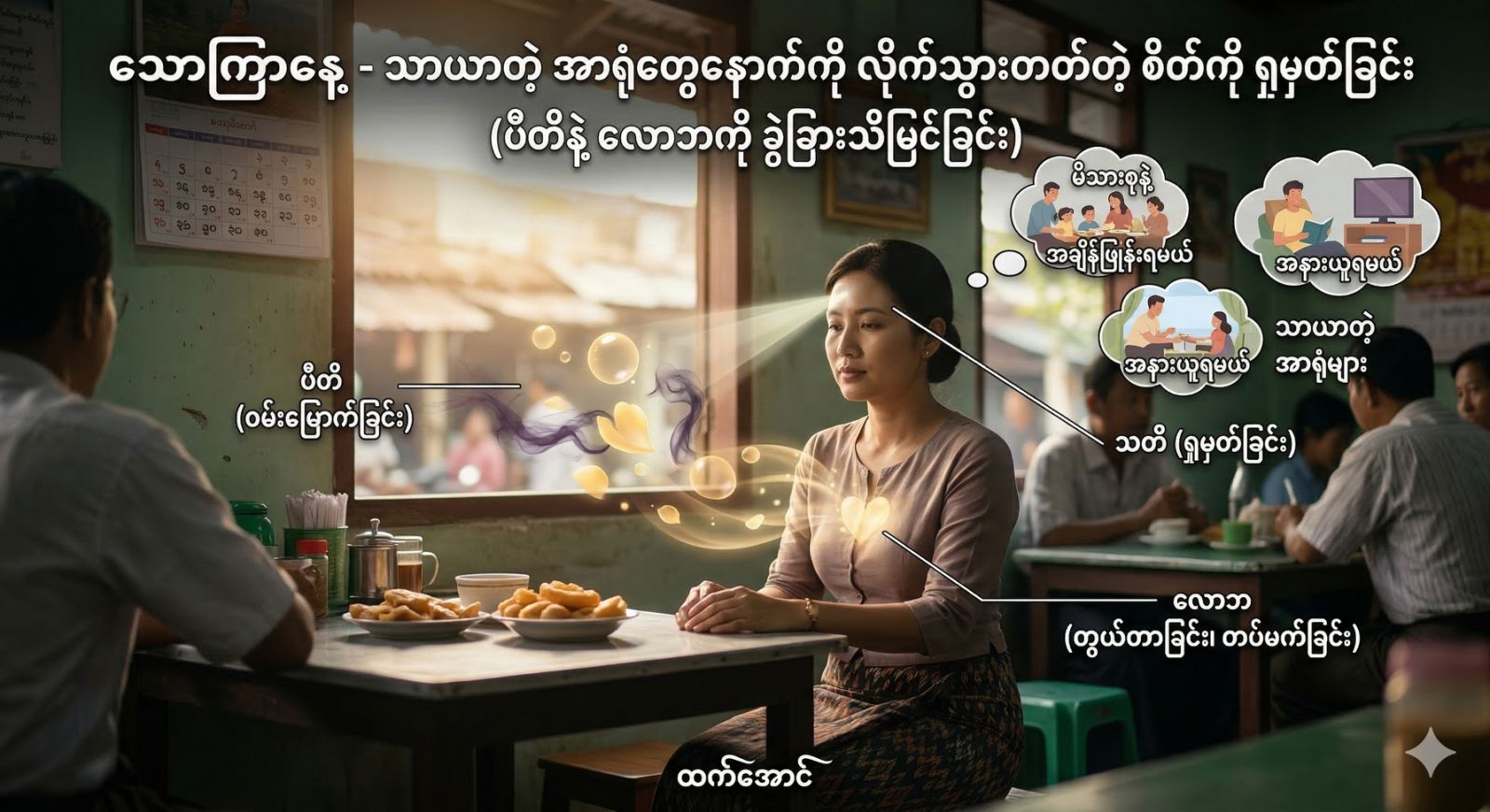 သာယာတဲ့ အာရုံတွေနောက်ကို လိုက်သွားတတ်တဲ့ စိတ်ကို ရှုမှတ်ခြင်း (ပီတိနဲ့ လောဘကို ခွဲခြားသိမြင်ခြင်း)