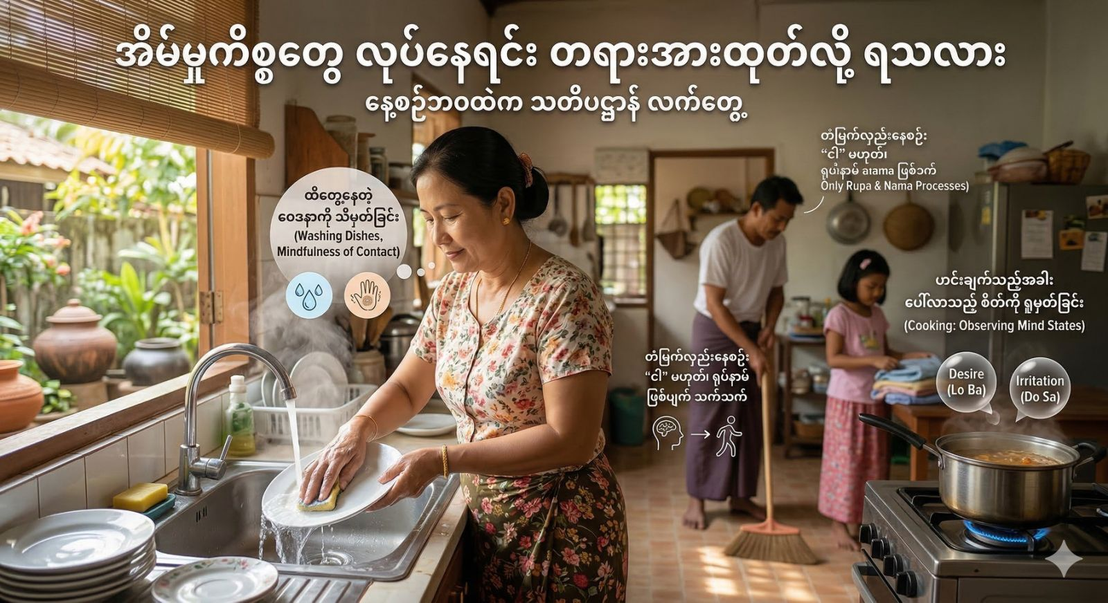 အိမ်မှုကိစ္စတွေ လုပ်နေရင်း တရားအားထုတ်လို့ ရသလား (နေ့စဉ်ဘဝထဲက သတိပဋ္ဌာန် လက်တွေ့)