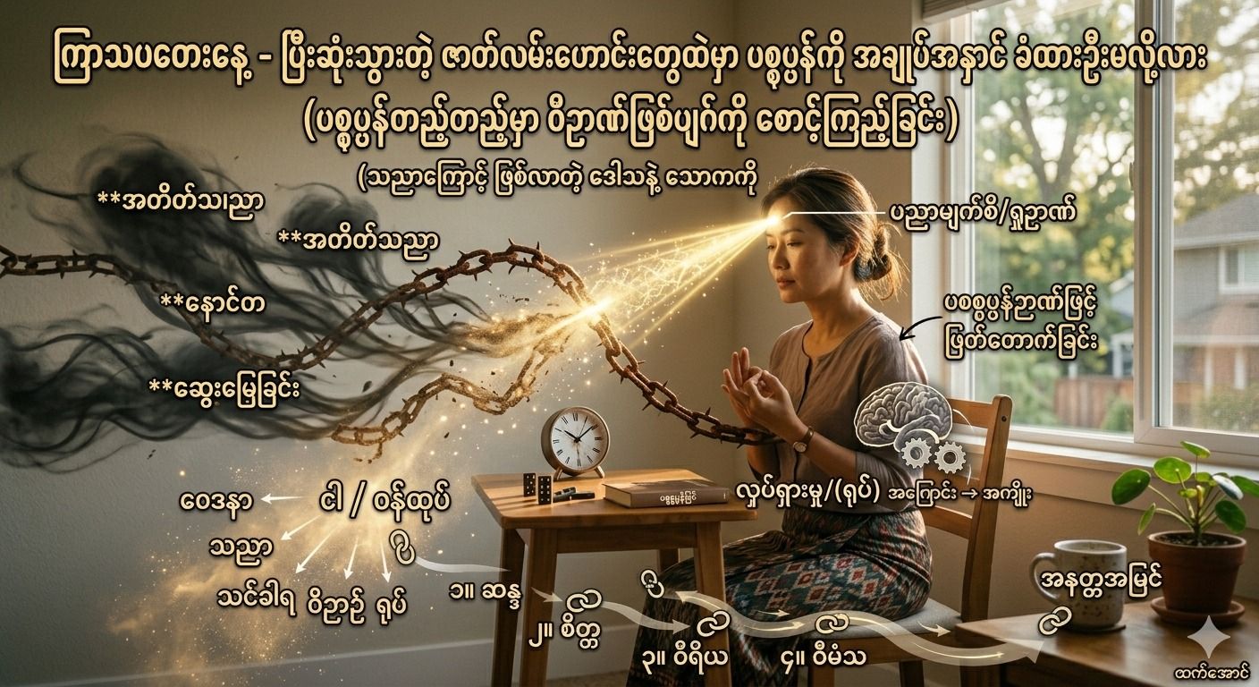 ပြီးဆုံးသွားတဲ့ ဇာတ်လမ်းဟောင်းတွေထဲမှာ ပစ္စုပ္ပန်ကို အချုပ်အနှောင် ခံထားဦးမလို့လား (ပစ္စုပ္ပန်တည့်တည့်မှာ ဝိဉာဏ်ဖြစ်ပျက်ကို စောင့်ကြည့်ခြင်း)