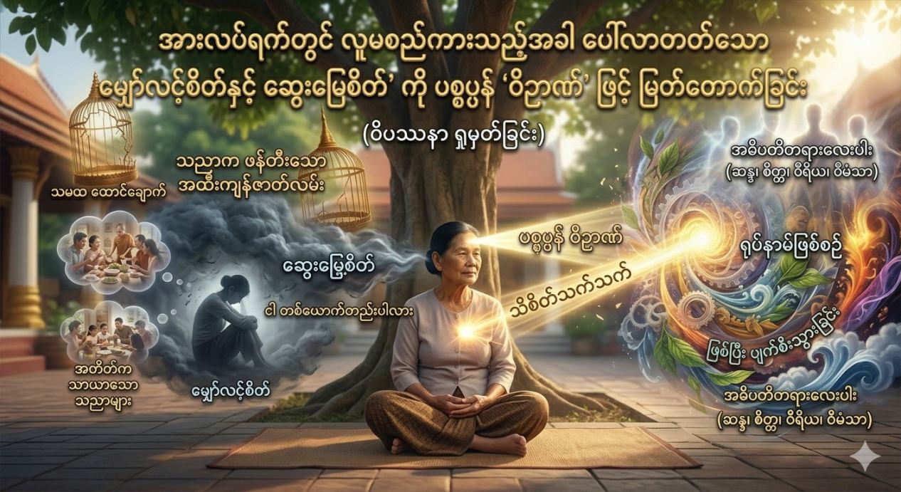 အားလပ်ရက်တွင် လူမစည်ကားသည့်အခါ ပေါ်လာတတ်သော “မျှော်လင့်စိတ်နှင့် ဆွေးမြေ့စိတ်” ကို ပစ္စုပ္ပန် “ဝိဉာဏ်” ဖြင့် ဖြတ်တောက်ခြင်း