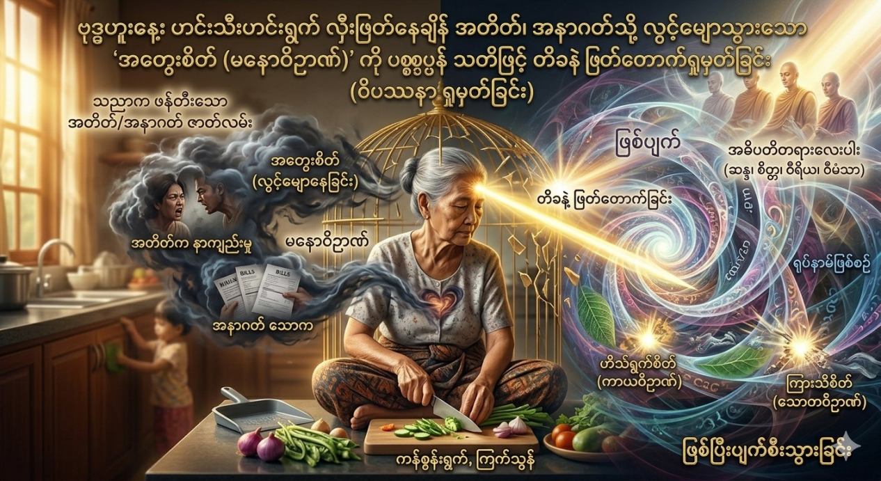 ဗုဒ္ဓဟူးနေ့: ဟင်းသီးဟင်းရွက် လှီးဖြတ်နေချိန် အတိတ်၊ အနာဂတ်သို့ လွင့်မျောသွားသော “အတွေးစိတ် (မနောဝိဉာဏ်)” ကို ပစ္စုပ္ပန် သတိဖြင့် တိခနဲ ဖြတ်တောက်ရှုမှတ်ခြင်း
