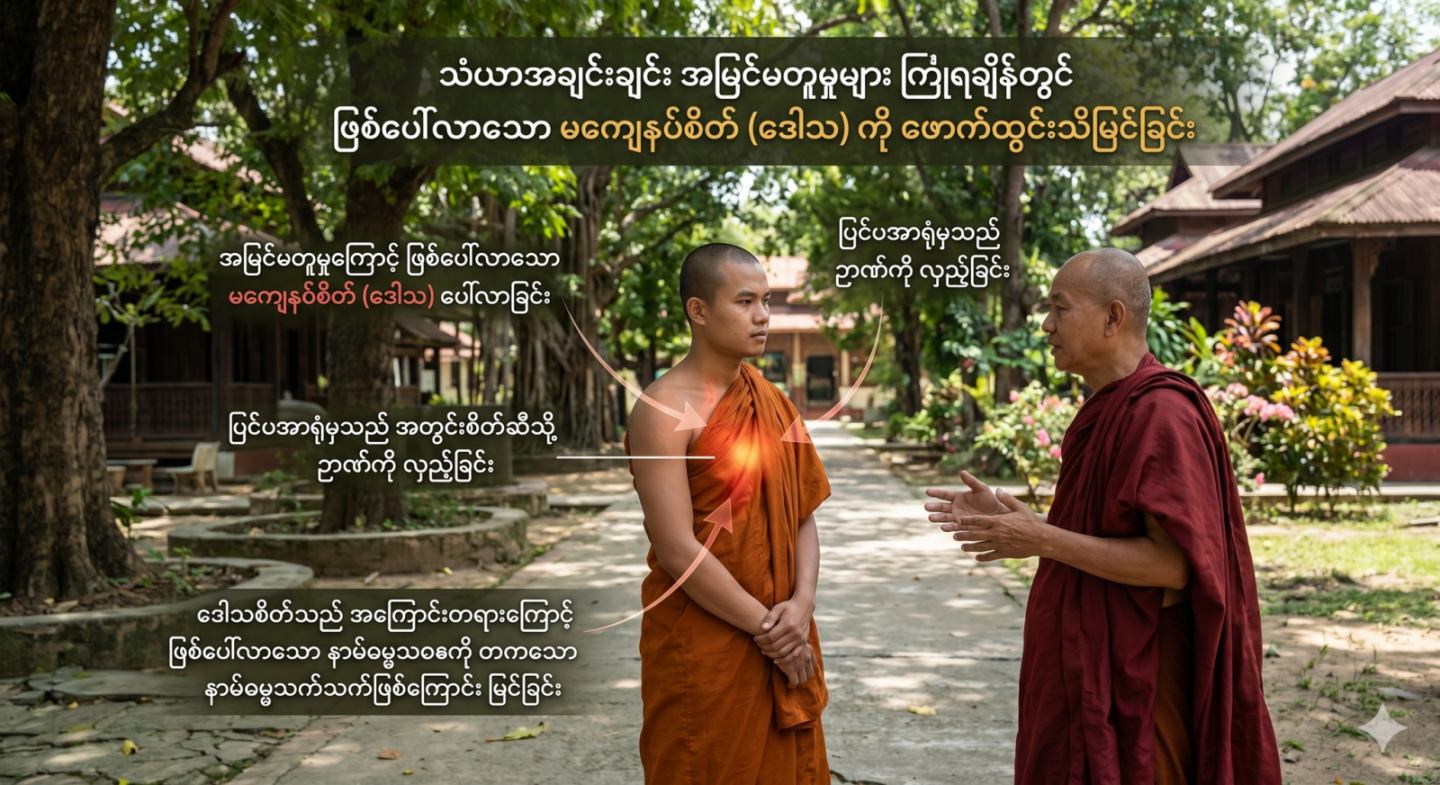 သံဃာအချင်းချင်း အမြင်မတူမှုများကြုံရချိန်တွင် ဖြစ်ပေါ်လာသော မကျေနပ်စိတ် (ဒေါသ) ကို ဖောက်ထွင်းသိမြင်ခြင်း