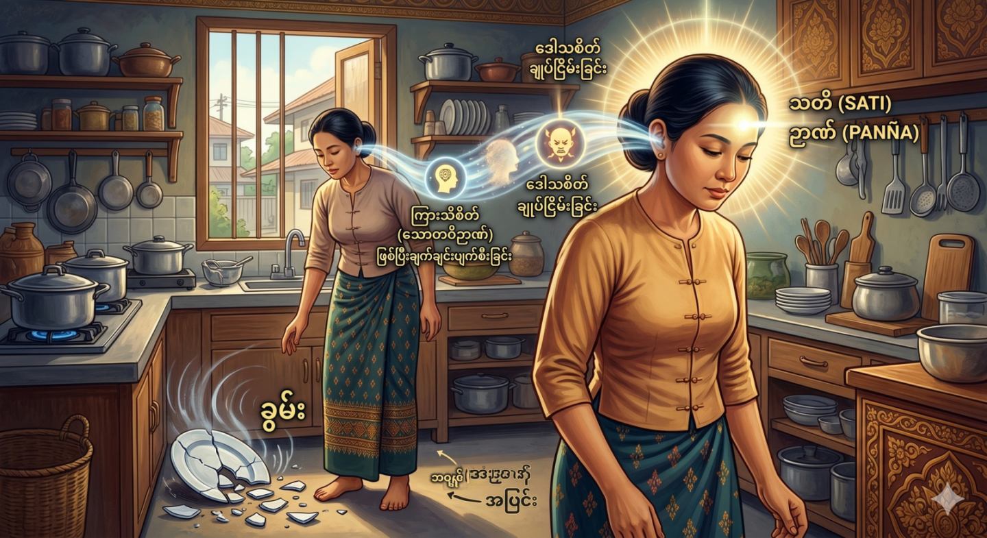 ကြာသပတေးနေ့: အိမ်မှုကိစ္စများ ကြားထဲမှ ဆူညံသံ၊ ပစ္စည်းကျကွဲသံ ကြုံရချိန် ထိတ်လန့်/ဒေါသထွက်သွားသော “ကြားသိစိတ် (သောတဝိဉာဏ်)” ၏ ဖြစ်မှုပျက်မှုကို ဓာတ်ခွဲခြင်း