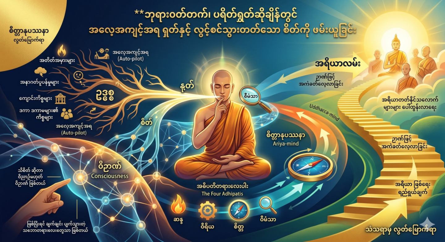 ဘုရားဝတ်တက်၊ ပရိတ်ရွတ်ဆိုချိန်တွင် အလေ့အကျင့်အရ ရွတ်နေသော နှုတ်နှင့် လွင့်စင်သွားတတ်သော စိတ်ကို ဖမ်းယူခြင်း