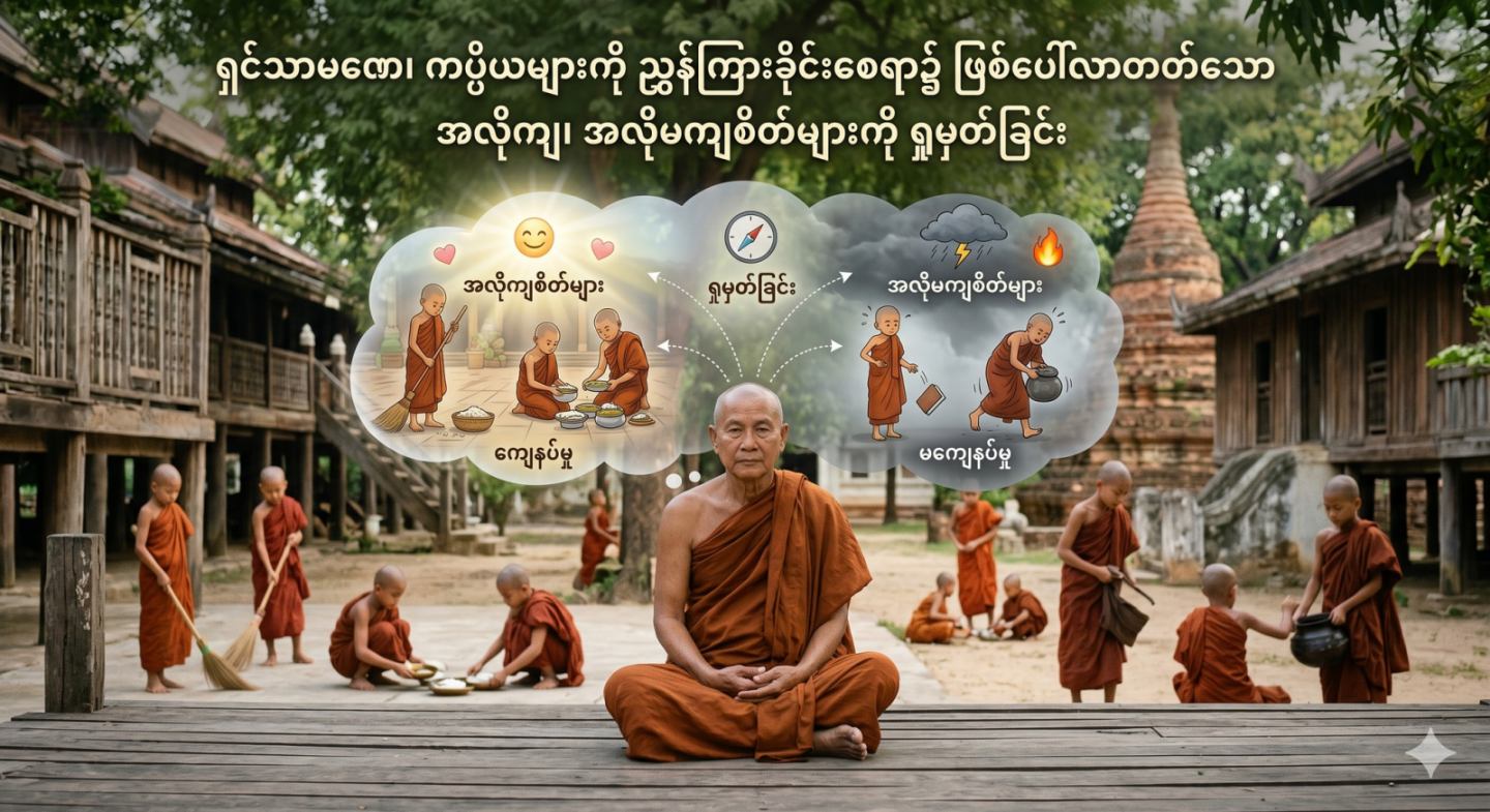 ရှင်သာမဏေ၊ ကပ္ပိယများကို ညွှန်ကြားခိုင်းစေရာ၌ ဖြစ်ပေါ်လာတတ်သော အလိုကျ၊ အလိုမကျစိတ်များကို ရှုမှတ်ခြင်း
