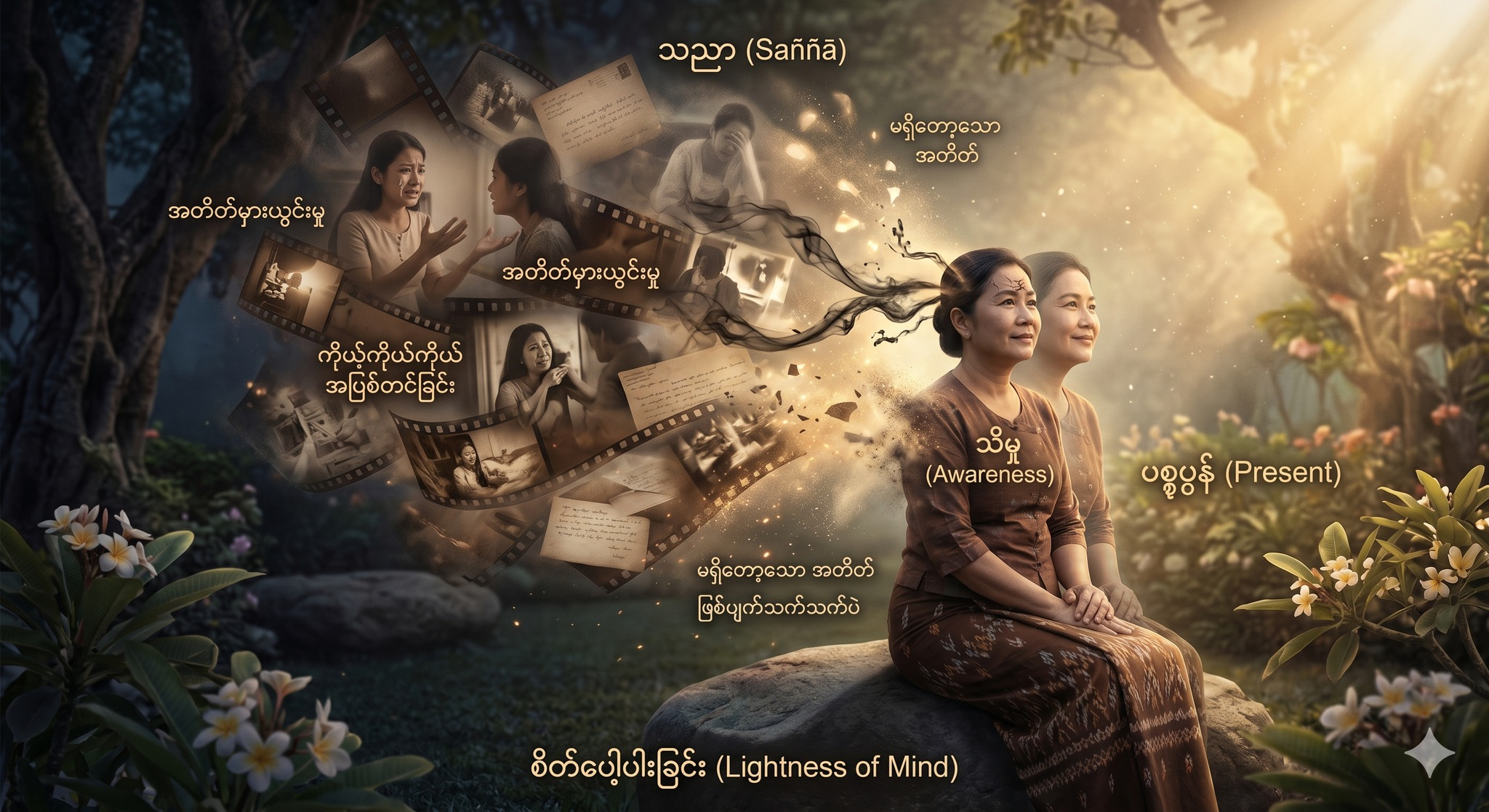 လူတော်တော်များများဟာ အတိတ်က အဖြစ်အပျက်တွေ၊ မှတ်သားမှုတွေကြောင့် ပစ္စုပ္ပန်မှာ စိတ်ဆင်းရဲနေတတ်ကြတယ်။ ဒါဟာ သညာ လို့ခေါ်တဲ့ မှတ်သားမှုရဲ့ နှိပ်စက်ခြင်းကို ခံနေရတာပါ။