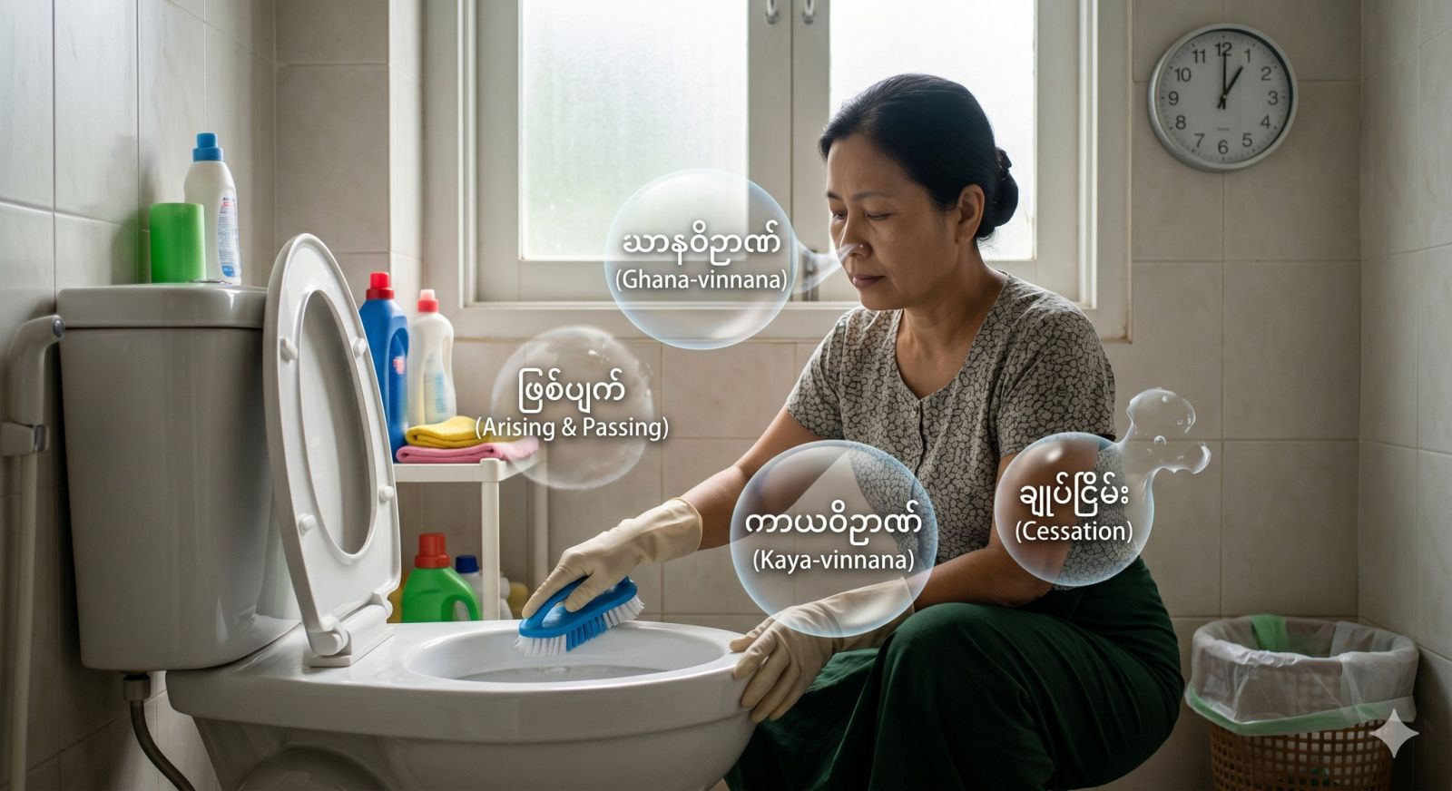 အမှိုက်သွန်၊ အိမ်သာဆေးချိန် အနံ့ဆိုးကြောင့် ဖြစ်လာသော “ရွံရှာစိတ်” ကို ဖယ်ခွာ၍ “နံသိစိတ် (ဃာနဝိဉာဏ်)” ၏ ချုပ်ငြိမ်းသွားပုံကို မြင်အောင်ကြည့်ခြင်း