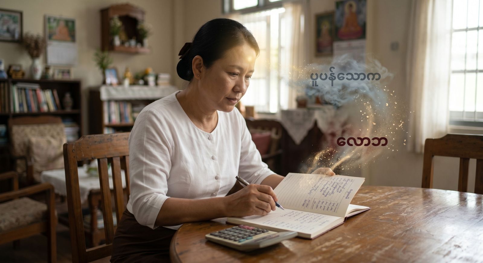 မိသားစု အသုံးစရိတ် တွက်ချက်ချိန် ဝင်လာတတ်သော “ပူပန်သောကနှင့် လောဘ” ကို ပညတ်ဇာတ်လမ်းဖြတ်၍ “အတွေးစိတ် (မနောဝိဉာဏ်)” သက်သက်အဖြစ် ဓာတ်ခွဲခြင်း