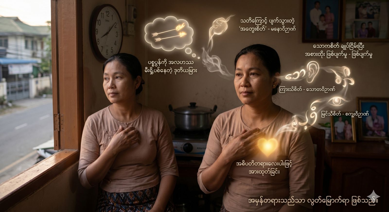 ကျောင်းဆင်းချိန်၊ ရုံးဆင်းချိန် မိသားစုကို စောင့်မျှော်ရင်း လွင့်မျောသွားသော “ကြိုတင်ပူပန်စိတ် (သောက)” ကို ပစ္စုပ္ပန် သတိဖြင့် အစားထိုး ရှုမှတ်ခြင်း