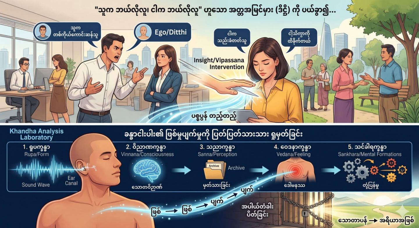 “သူက ဘယ်လိုလူ၊ ငါက ဘယ်လိုလူ” ဟူသော အတ္တအမြင်မှား (ဒိဋ္ဌိ) ကို ပယ်ခွာ၍ ပစ္စုပ္ပန်တွင် ဖြစ်ပျက်နေသော ခန္ဓာငါးပါးကိုသာ အရှိအတိုင်း ရှုမှတ်ခြင်း