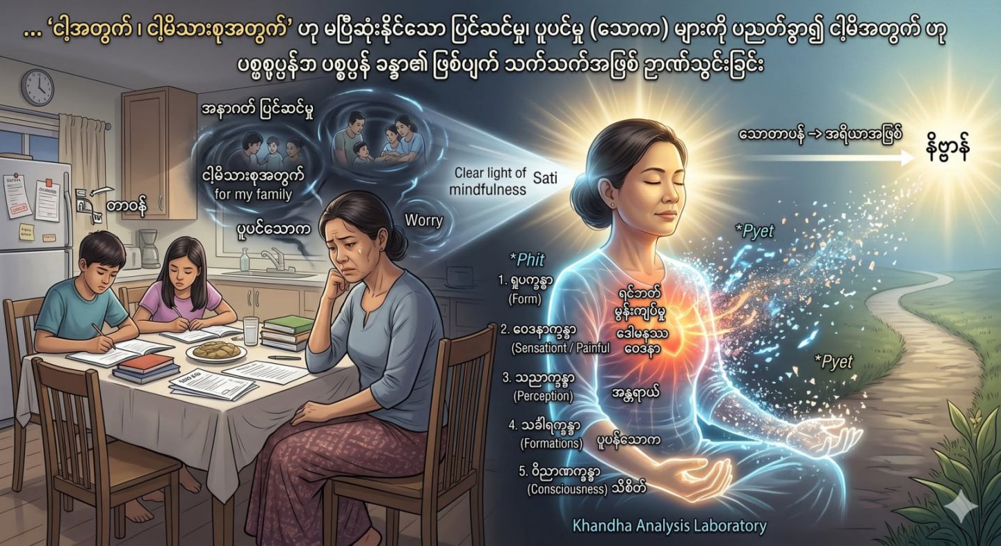 “ငါ့အတွက်၊ ငါ့မိသားစုအတွက်” ဟု မပြီးဆုံးနိုင်သော ပြင်ဆင်မှု၊ ပူပင်မှု (သောက) များကို ပညတ်ခွာ၍ ပစ္စုပ္ပန် ခန္ဓာ၏ ဖြစ်ပျက် သက်သက်အဖြစ် ဉာဏ်သွင်းခြင်း