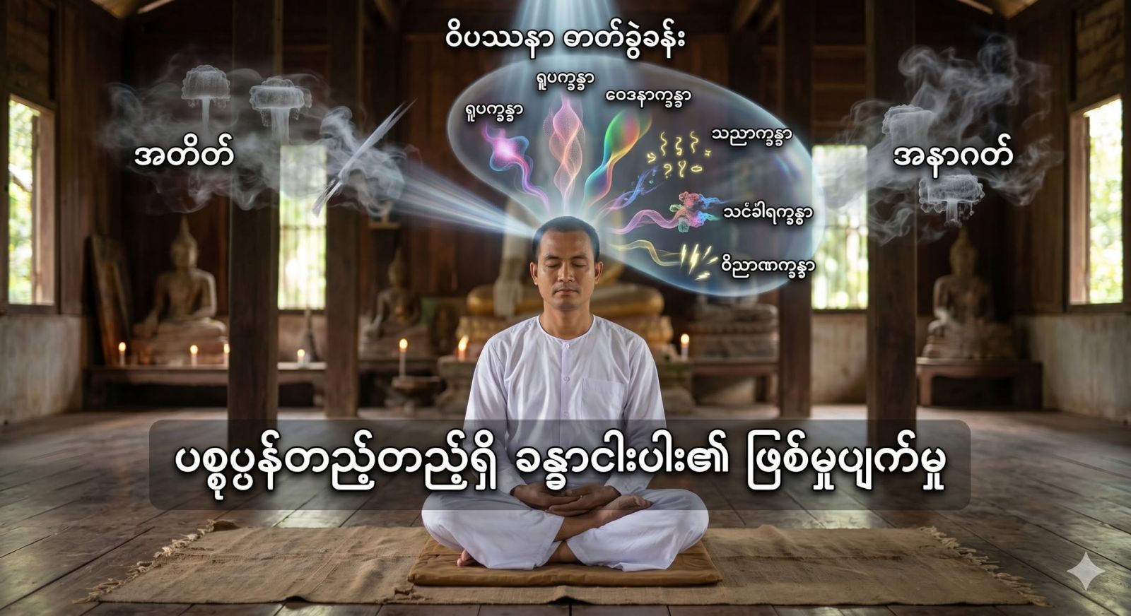 အတိတ်နှင့် အနာဂတ် ဇာတ်လမ်းများကြား ဗျာများနေသော စိတ်ကို ပစ္စုပ္ပန်တည့်တည့်ရှိ “ခန္ဓာငါးပါး၏ ဖြစ်မှုပျက်မှု” ပေါ်သို့သာ ပြန်လည် ဆွဲတင်ခြင်း