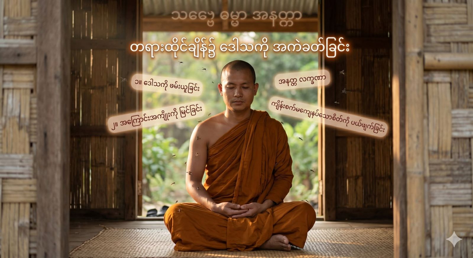 တရားထိုင်ချိန် သို့မဟုတ် ညအိပ်ချိန်များတွင် ခြင်၊ မှက် စသည်တို့ အကိုက်ခံရသောအခါ ဖယ်ရှားပစ်လိုသောစိတ်နှင့် ကျိန်းစက်မကျေနပ်သောစိတ် (ဒေါသ) ကို အကဲခတ်ခြင်း