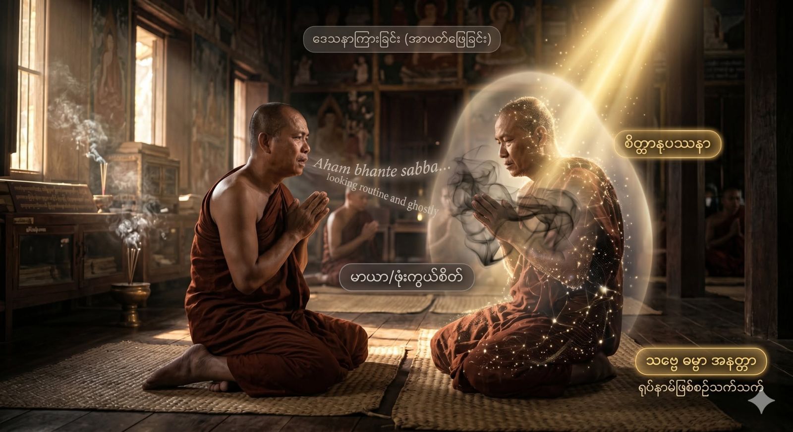 သီတင်းသုံးဖော် ရဟန်းများနှင့် ဒေသနာကြားချိန် (အာပတ်ဖြေချိန်) တွင် အလေ့အထအရ ရွတ်ဆိုသွားသော စိတ်နှင့် အပြစ်ကို ဖုံးကွယ်လိုသော သိမ်မွေ့သည့်စိတ်တို့ကို ရှုမှတ်ခြင်း