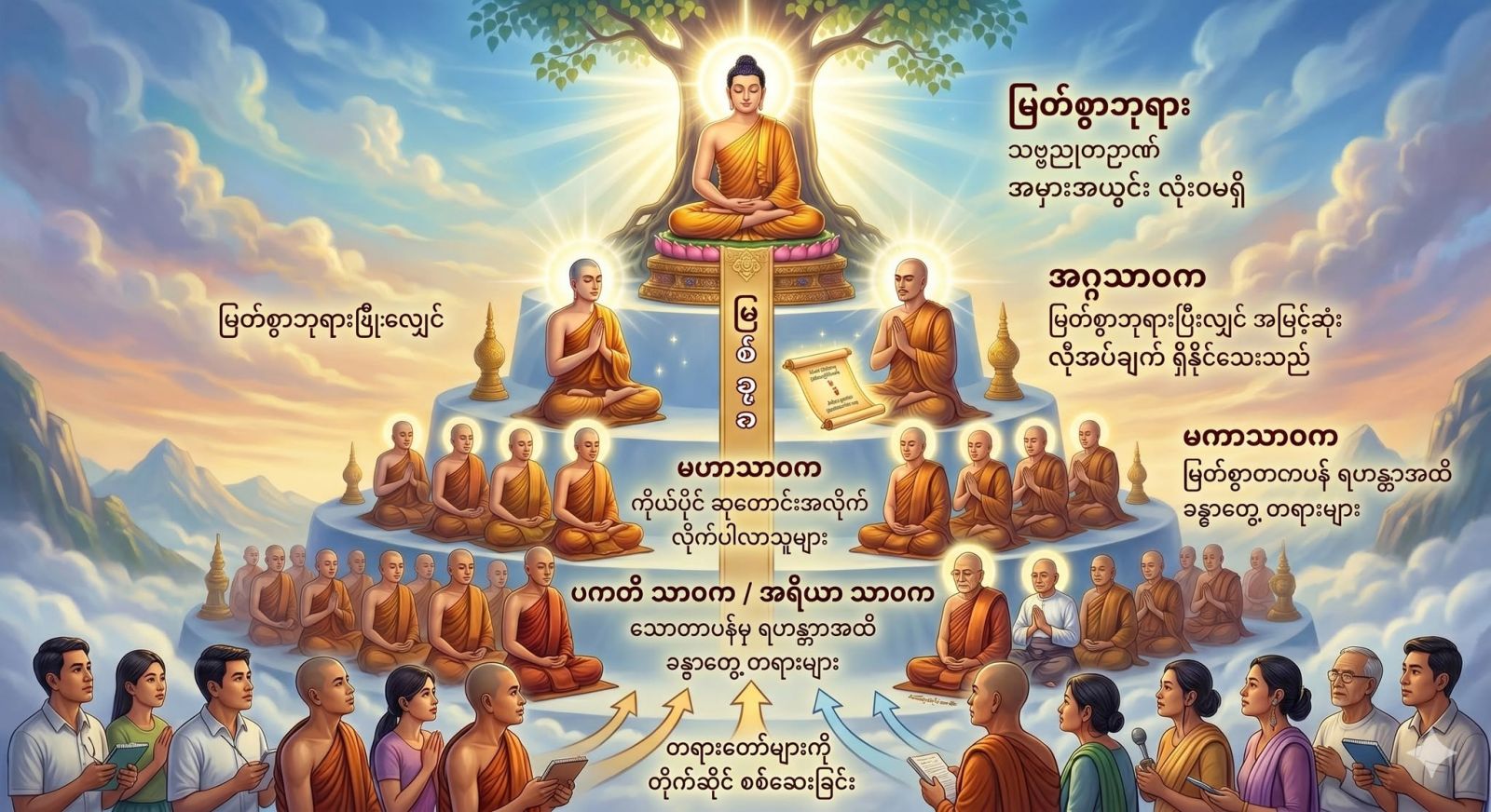 မြတ်စွာဘုရား၊ အဂ္ဂသာဝက၊ မဟာသာဝက နှင့် ပကတိသာဝက၊ အရိယာသာဝက (ဉာဏ်အဆင့်ဆင့် ကွာခြားပုံ)
