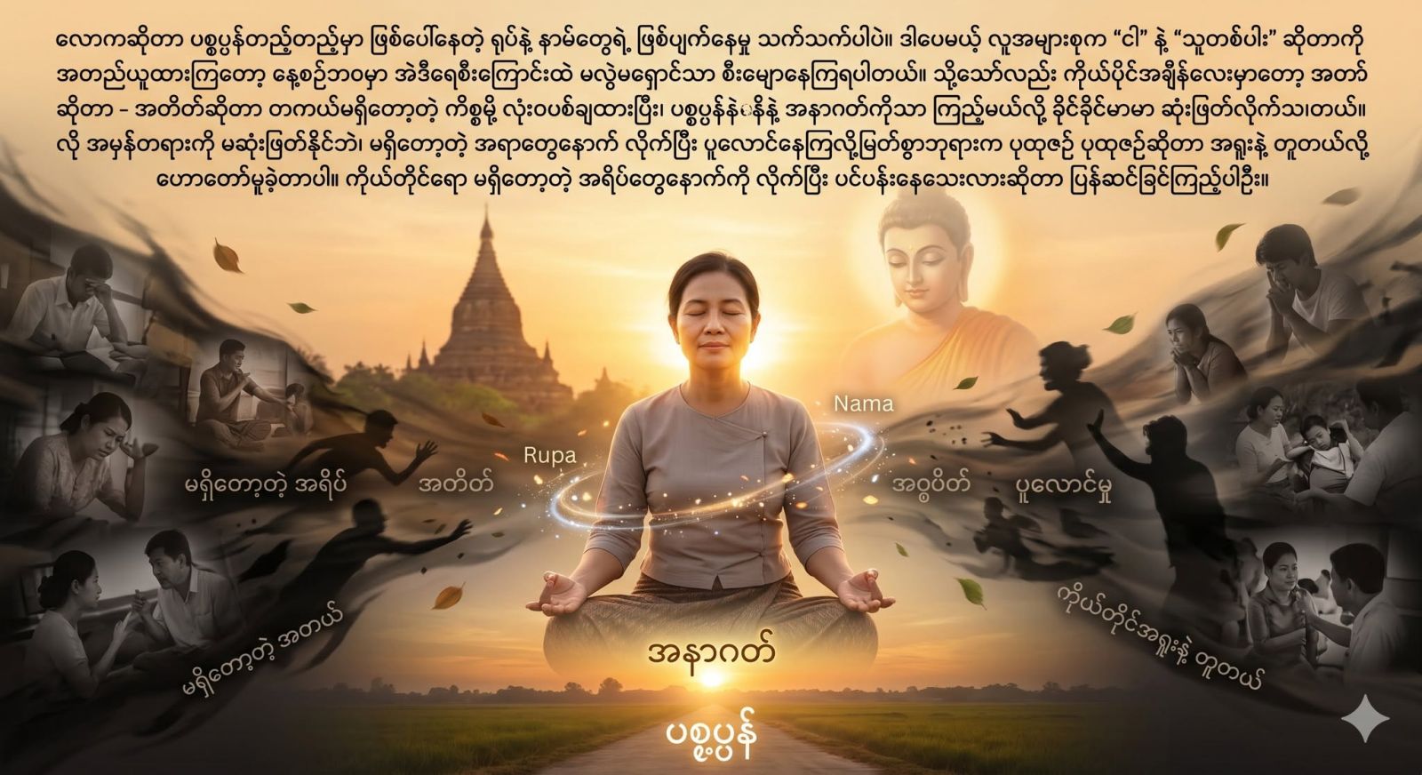 လောကဆိုတာ ပစ္စုပ္ပန်တည့်တည့်မှာ ဖြစ်ပေါ်နေတဲ့ ရုပ်နဲ့ နာမ်တွေရဲ့ ဖြစ်ပျက်နေမှု သက်သက်ပါပဲ။