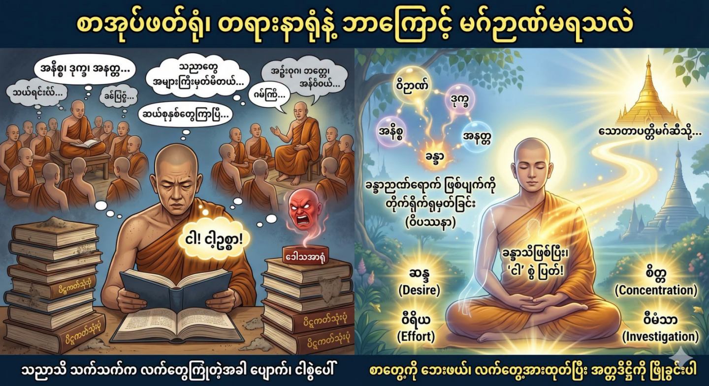တရားစာတွေ အများကြီးဖတ်၊ တရားတွေ အများကြီးနာရုံနဲ့ ဘာကြောင့် အသိဉာဏ် မပွင့်နိုင်တာလဲ။