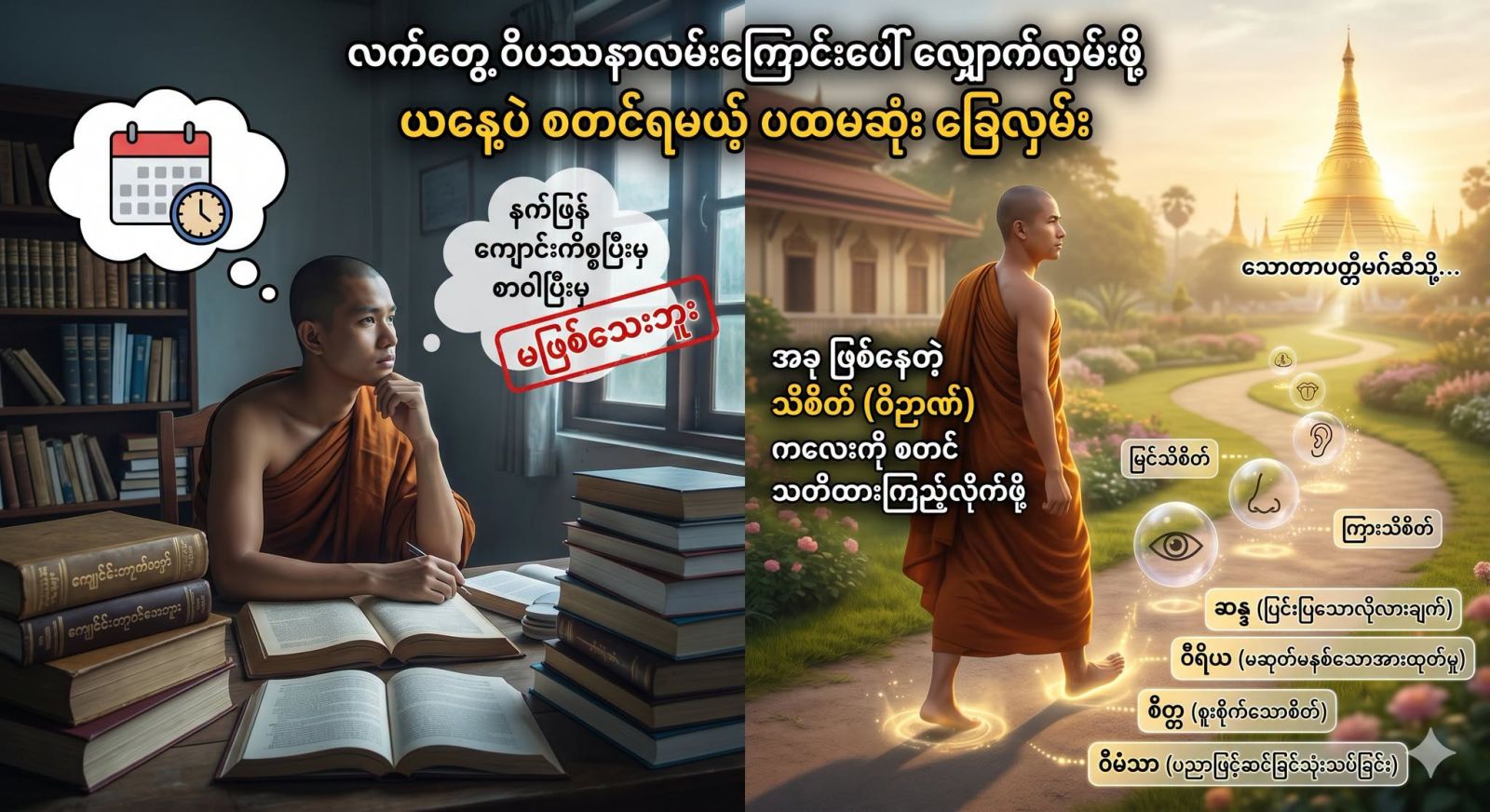 လက်တွေ့ ဝိပဿနာလမ်းကြောင်းပေါ် လျှောက်လှမ်းဖို့ ယနေ့ပဲ စတင်ရမယ့် ပထမဆုံး ခြေလှမ်း။