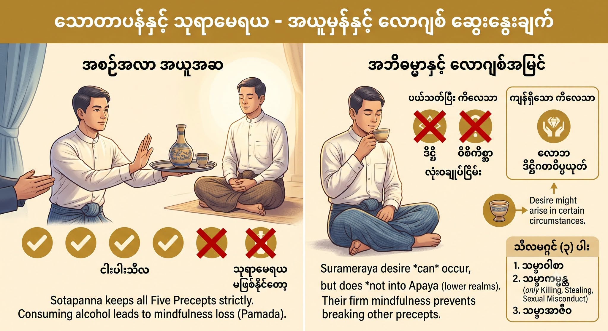 “သောတာပန်သည် ငါးပါးသီလ အပြည့်လုံပြီး သုရာမေရယကို လုံးဝ မဖောက်ဖျက်ပါဘူး”