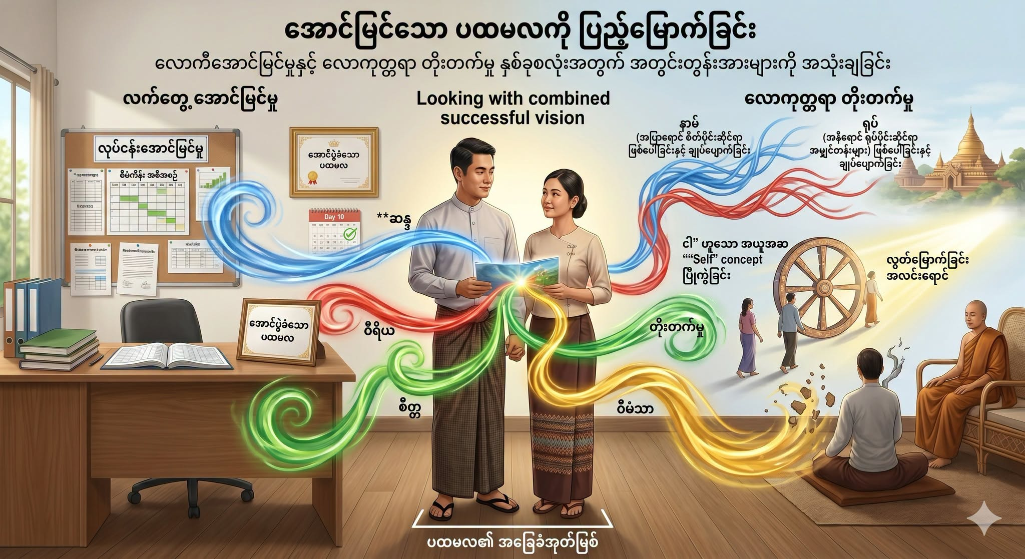 လက်တွေ့ဘဝနဲ့ လောကုတ္တရာ နှစ်ခုစလုံးအတွက် မရှိမဖြစ်လိုအပ်တဲ့ တွန်းအားများကို အသုံးချပြီး ပထမလကို အောင်ပွဲခံခြင်း။