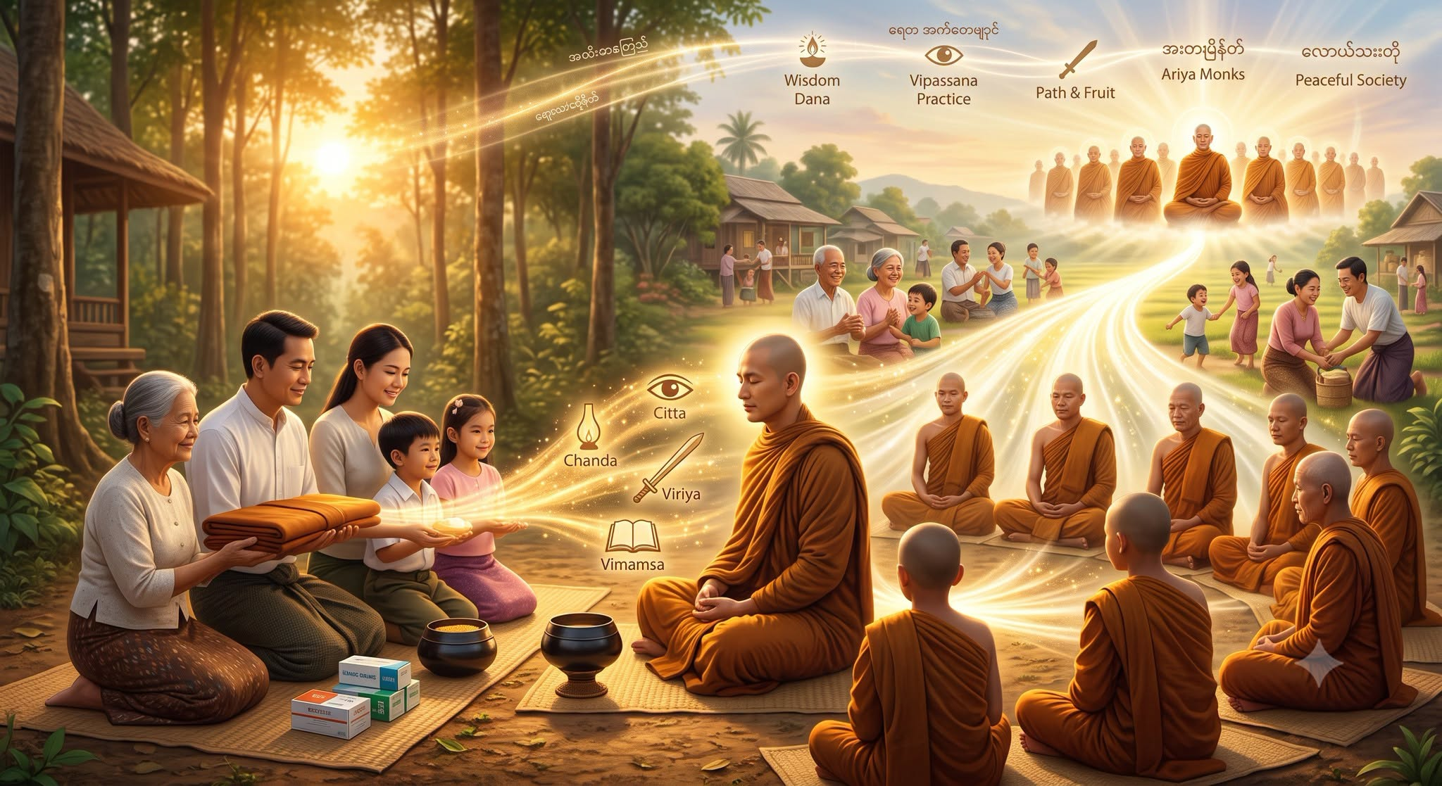 အကျိုးအကြောင်းသိမြင်တဲ့ ဉာဏ်နဲ့ ယှဉ်ပြီး ပံ့ပိုးတဲ့အခါ ရလာမယ့် အကျိုးကျေးဇူး။