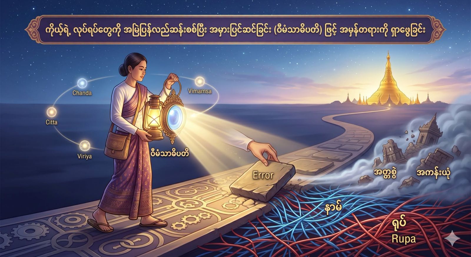 ကိုယ့်ရဲ့ လုပ်ရပ်တွေကို အမြဲပြန်လည်ဆန်းစစ်ပြီး အမှားပြင်ဆင်ခြင်း (ဝီမံသာဓိပတိ) ဖြင့် အမှန်တရားကို ရှာဖွေခြင်း