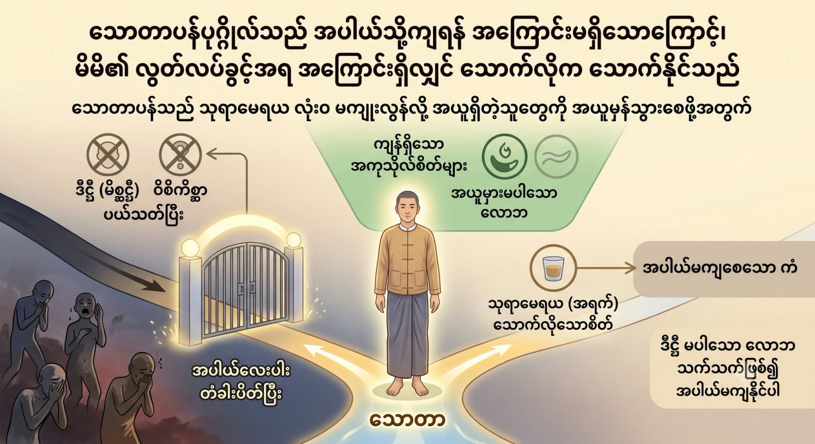 သောတာပန်ပုဂ္ဂိုလ်သည် အပါယ်သို့ကျရန် အကြောင်းမရှိသောကြောင့်၊ မိမိ၏ လွတ်လပ်ခွင့်အရ အကြောင်းရှိလျှင် သောက်လိုက သောက်နိုင်သည် (သုရာမေရယ ကျူးလွန်လိုက အကြောင်းရှိက ကျုးလွန်နိုင်သည်)