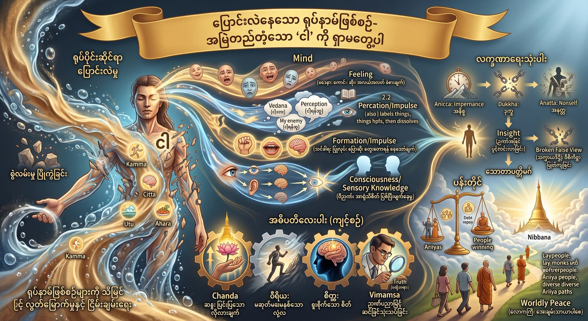 ပြောင်းလဲနေတဲ့ သဘာဝ (ရုပ်၊ နာမ်) တရားတွေထဲမှာ ခိုင်မြဲတဲ့ အနှစ်သာရ မရှိကြောင်း ကိုယ်တိုင် အဖြေရှာခြင်း။