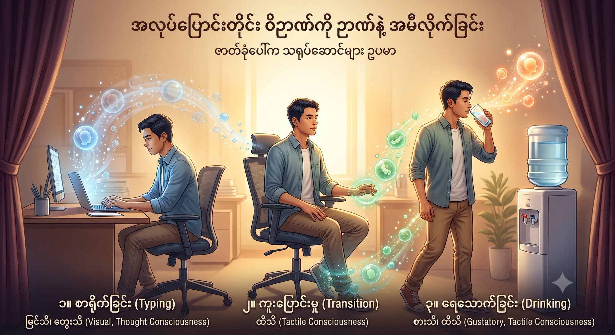 အလုပ်တစ်ခုကနေ နောက်တစ်ခု ပြောင်းလုပ်တိုင်း သိစိတ် (ဝိဉာဏ်) ရဲ့ အဖြစ်အပျက်ကို ဉာဏ်နဲ့ အမီလိုက်ခြင်း။