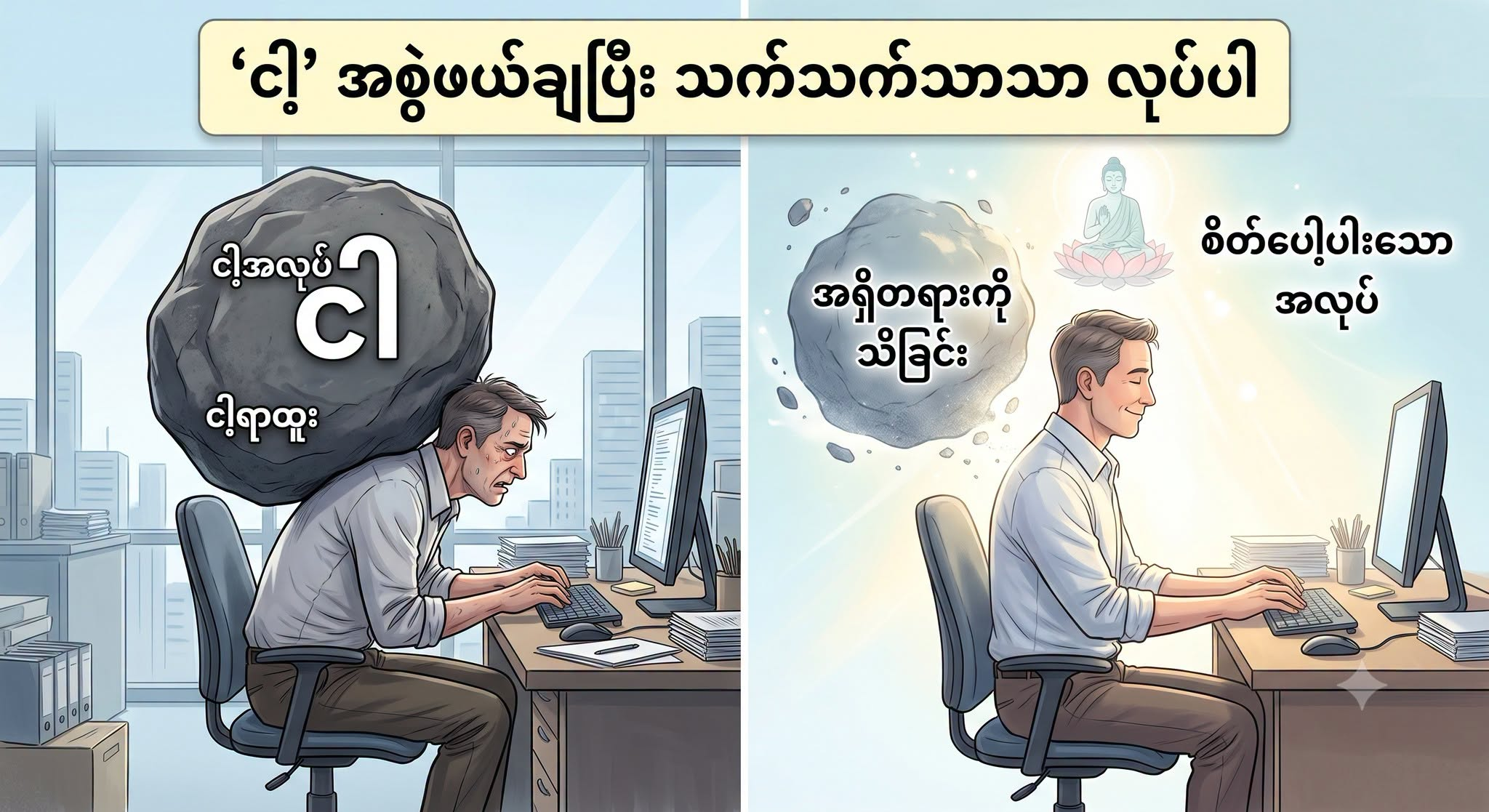 နေ့စဉ် အလုပ်ခွင်မှာ ကြုံရတဲ့ ပင်ပန်းမှုတွေဟာ တကယ်တမ်း ခန္ဓာကိုယ်ရဲ့ ပင်ပန်းမှုထက် စိတ်ရဲ့ ပင်ပန်းမှုက ပိုများနေတတ်တယ်။