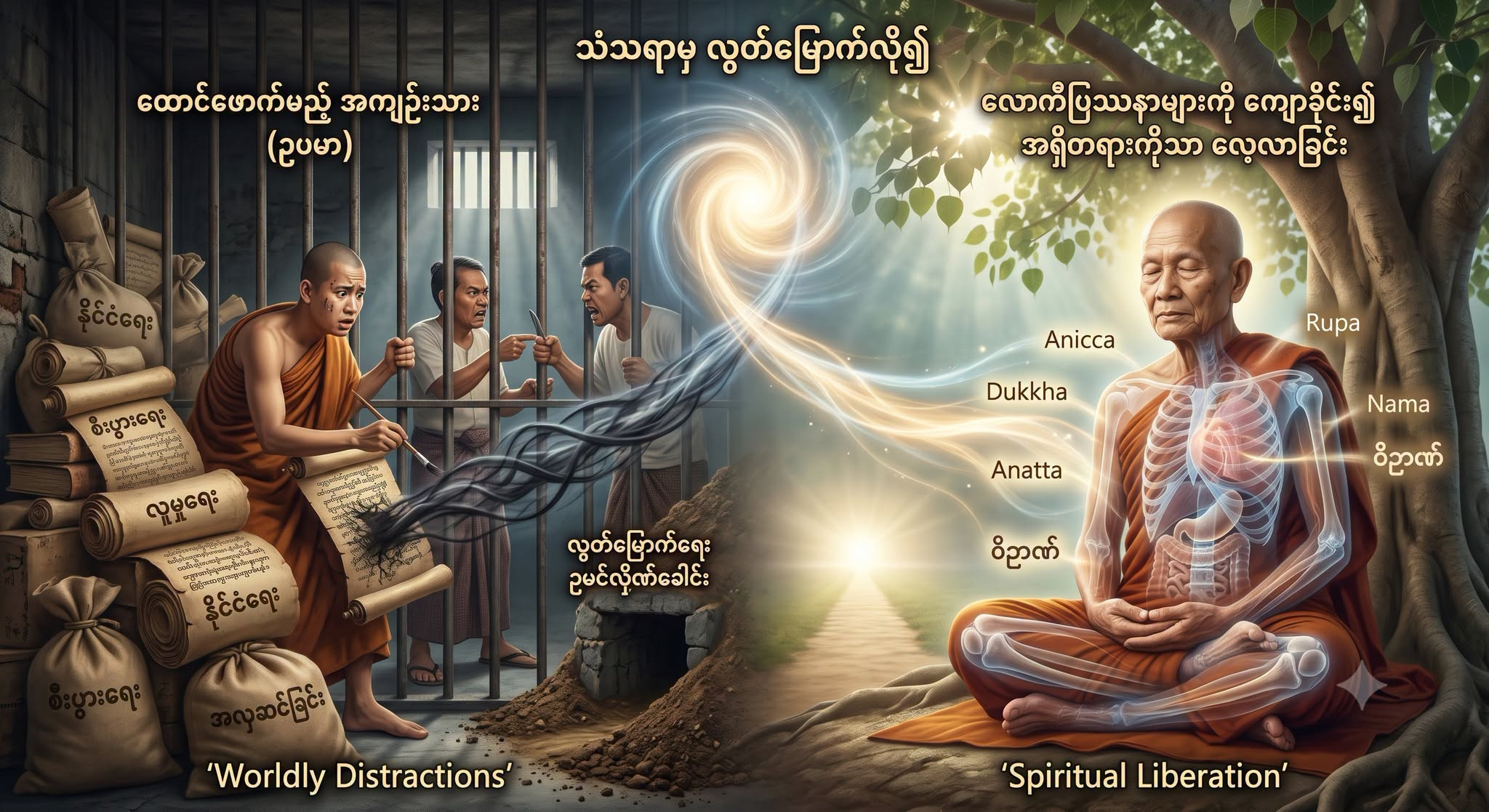 “သံသရာမှ လွတ်မြောက်လို၍” ဆိုတဲ့ ကတိကဝတ်ထဲမှာ လောကီပြဿနာ ဖြေရှင်းဖို့ မပါဝင်ပါ။