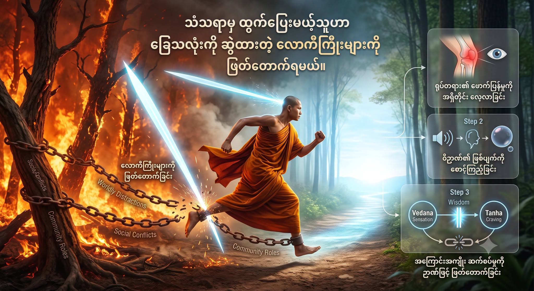 သံသရာမှ ထွက်ပြေးမယ့်သူဟာ ခြေသလုံးကို ဆွဲထားတဲ့ လောကီကြိုးများကို ဖြတ်တောက်ရမယ်။