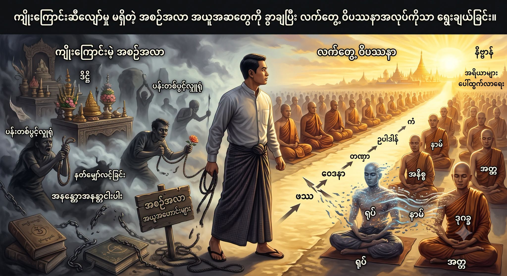ကျိုးကြောင်းဆီလျော်မှု မရှိတဲ့ အစဉ်အလာ အယူအဆတွေကို ခွာချပြီး လက်တွေ့ ဝိပဿနာအလုပ်ကိုသာ ရွေးချယ်ခြင်း။
