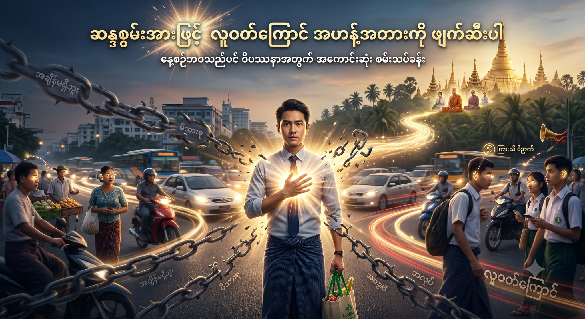 လူဝတ်ကြောင်ဖြစ်နေလို့ တရားမအားထုတ်နိုင်ဘူး ဆိုတဲ့ အဟန့်အတားကို ဆန္ဒစွမ်းအားနဲ့ ဖျက်ဆီးပစ်ပါ။