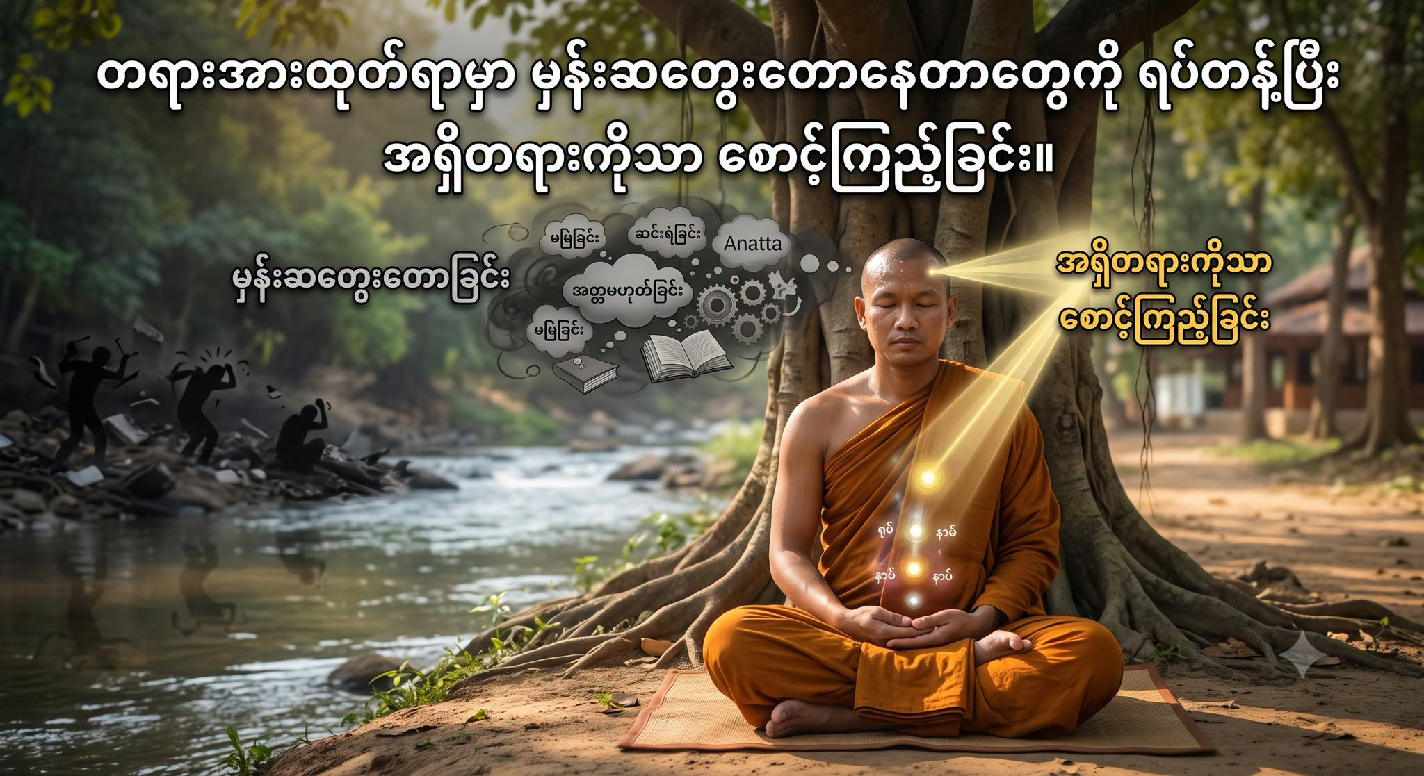 တရားအားထုတ်ရာမှာ မှန်းဆတွေးတောနေတာတွေကို ရပ်တန့်ပြီး အရှိတရားကိုသာ စောင့်ကြည့်ခြင်း။