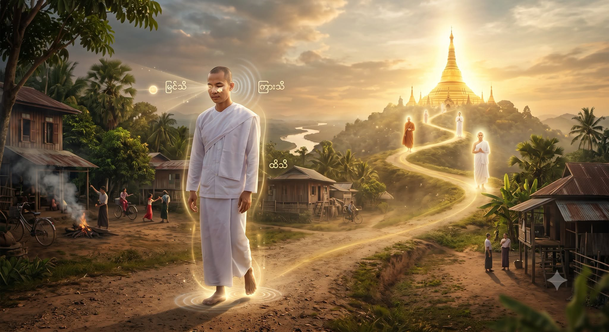 နေ့စဉ်ဘဝရဲ့ ခြေလှမ်းတိုင်းမှာ ဝိဉာဏ်ရဲ့ သဘာဝကို လေ့လာပြီး လူ၊ ရဟန်း အရိယာ ပန်းတိုင်ဆီသို့ လက်တွေ့ ချီတက်ခြင်း။